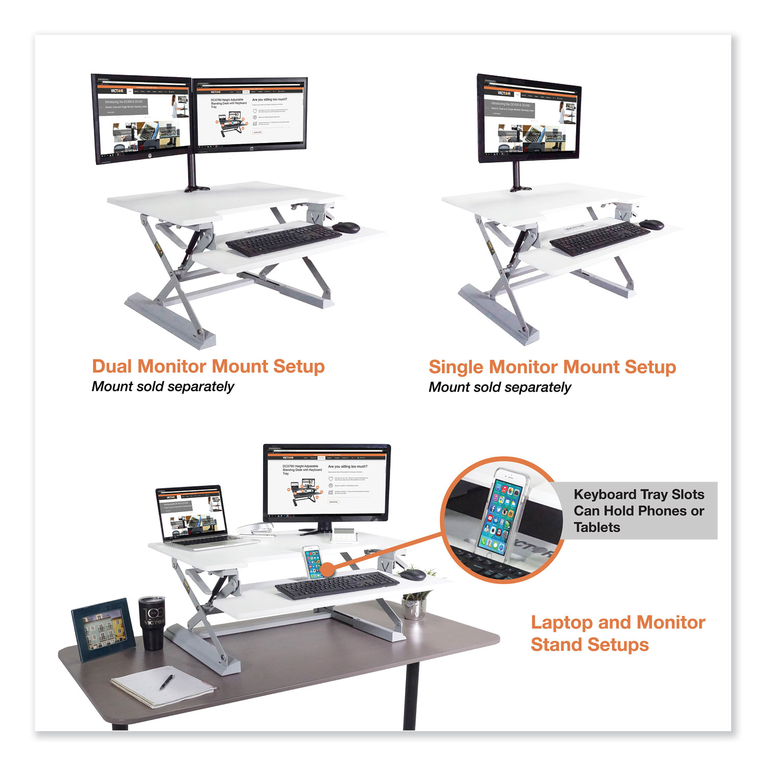 High Rise Height Adjustable Standing Desk with Keyboard Tray, 31w, White/Gray