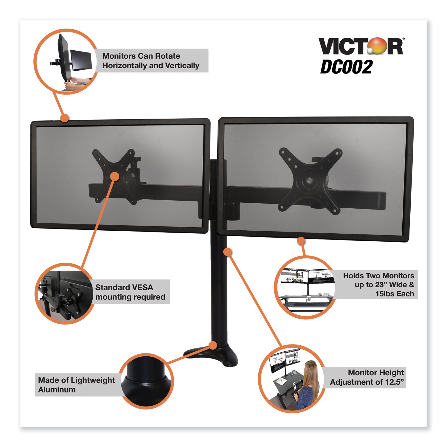 Monitor Mount with Single and Dual Arm Components, 27 1/2 x 3 x 16 1/2, Black