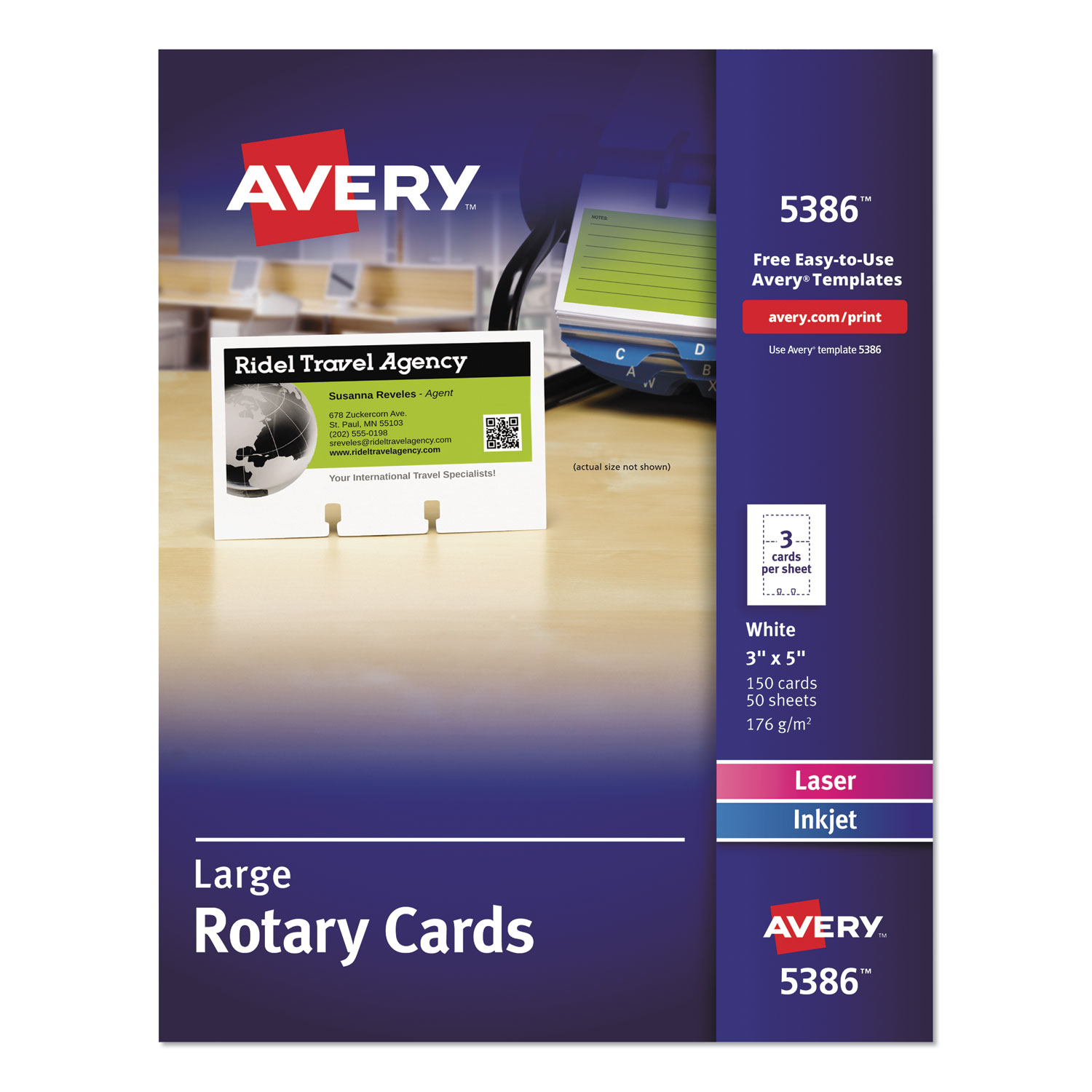  Avery 05386 Large Rotary Cards, Laser/Inkjet, 3 x 5, 3 Cards/Sheet, 150 Cards/Box (AVE5386) 