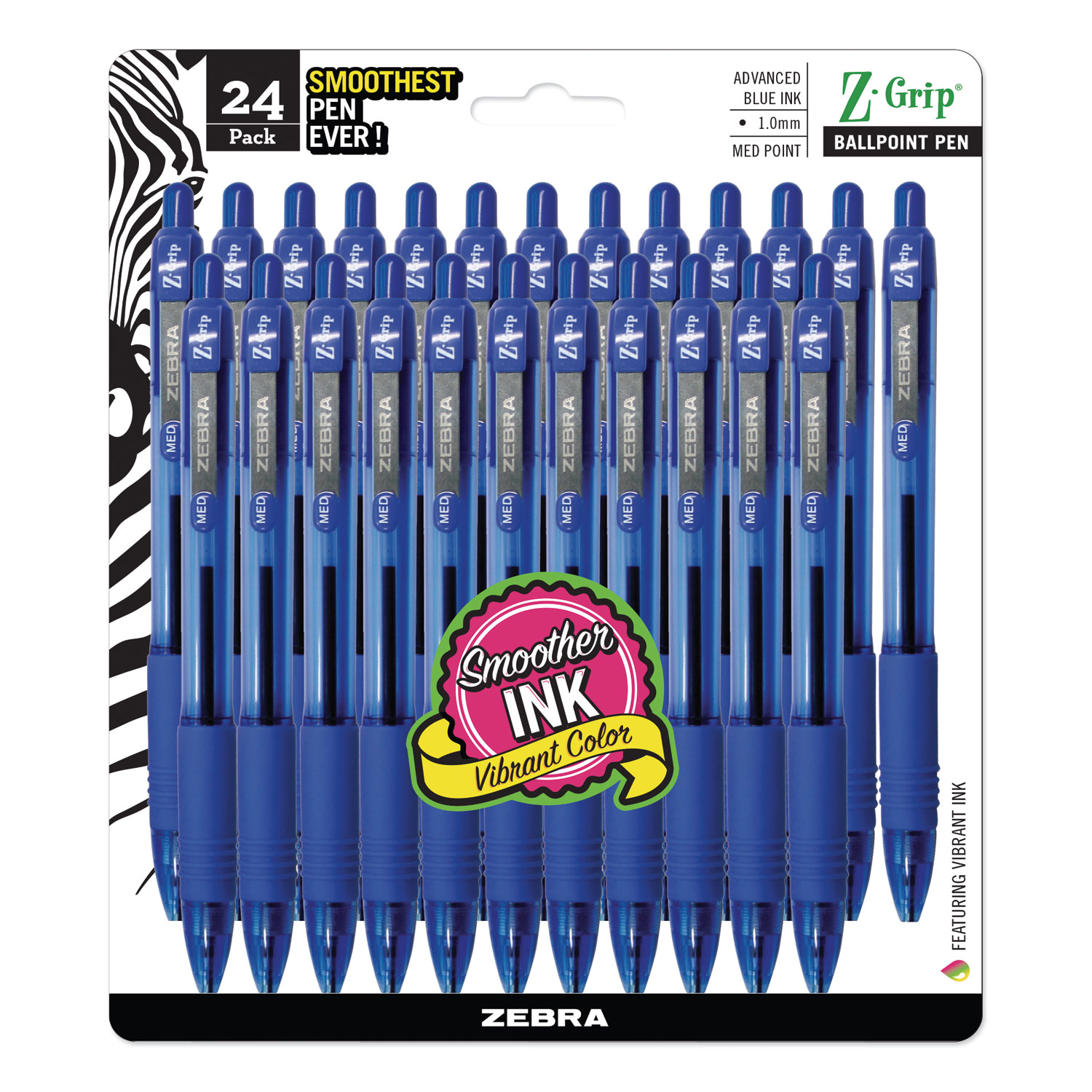  Zebra 12225 Z-Grip Retractable Ballpoint Pen, Medium 1mm, Blue Ink, Clear Barrel, 24/Pack (ZEB12225) 