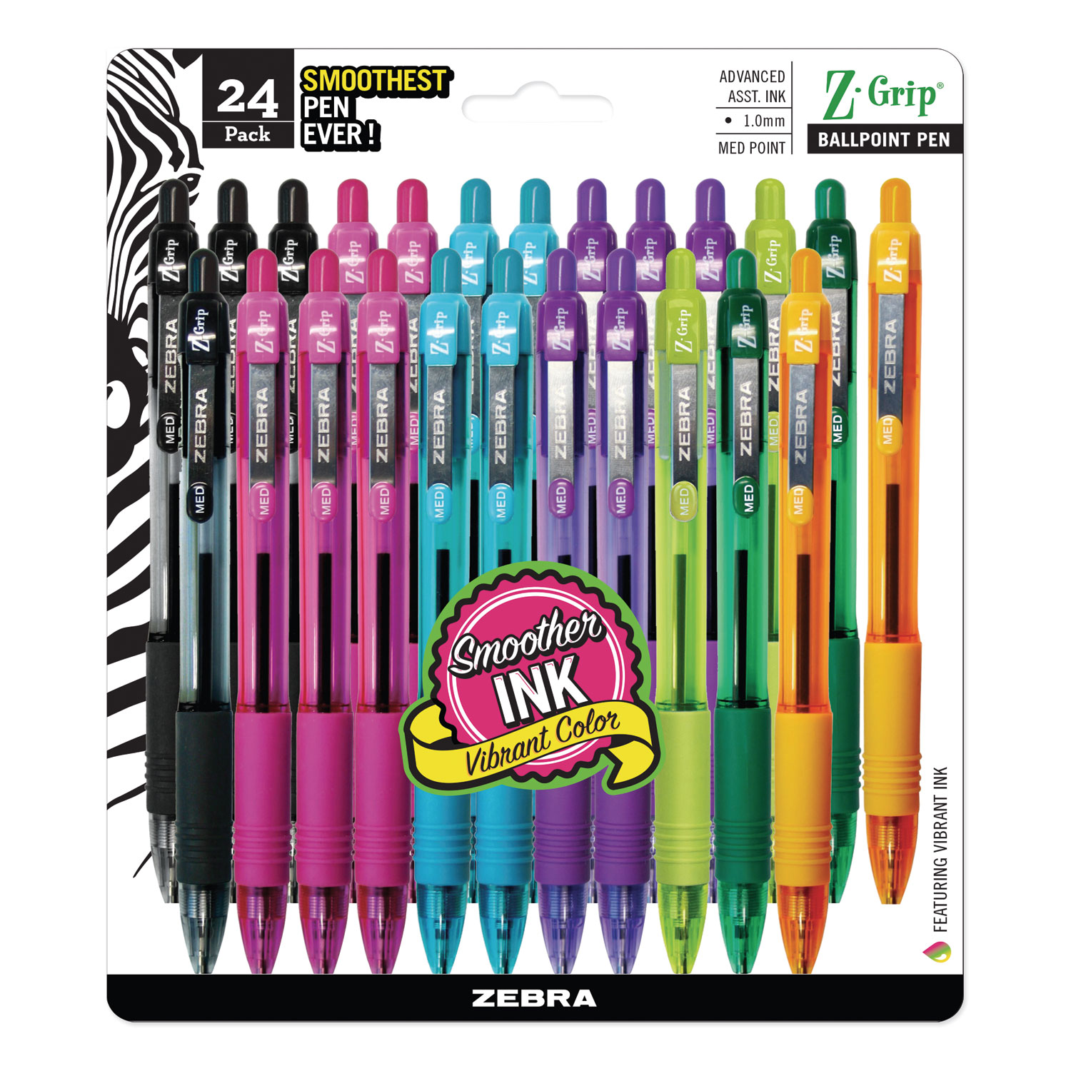  Zebra 12271 Z-Grip Retractable Ballpoint Pen, 1mm, Assorted Ink, Clear Barrel, 24/Pack (ZEB12271) 
