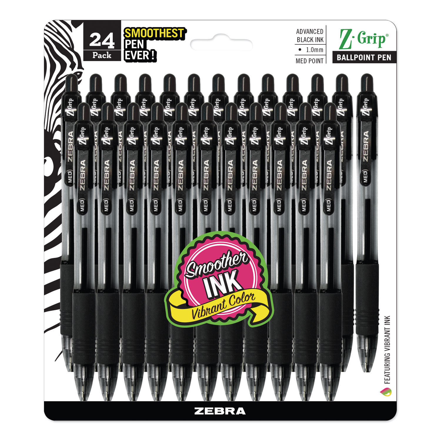  Zebra 12221 Z-Grip Retractable Ballpoint Pen, Medium 1mm, Black Ink, Clear Barrel, 24/Pack (ZEB12221) 