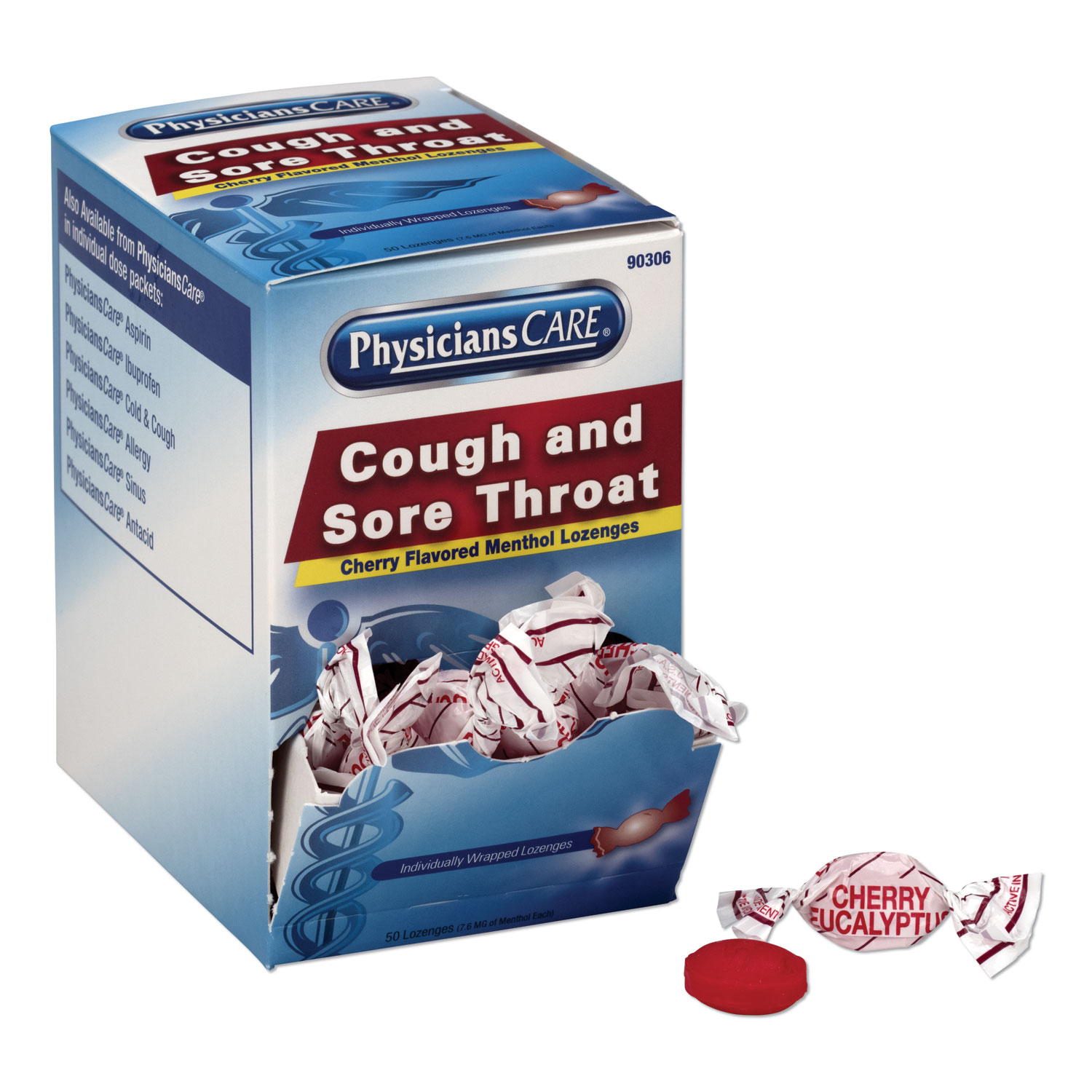  PhysiciansCare 90306 Cough and Sore Throat, Cherry Menthol Lozenges, 50 Individually Wrapped per Box (ACM90306) 