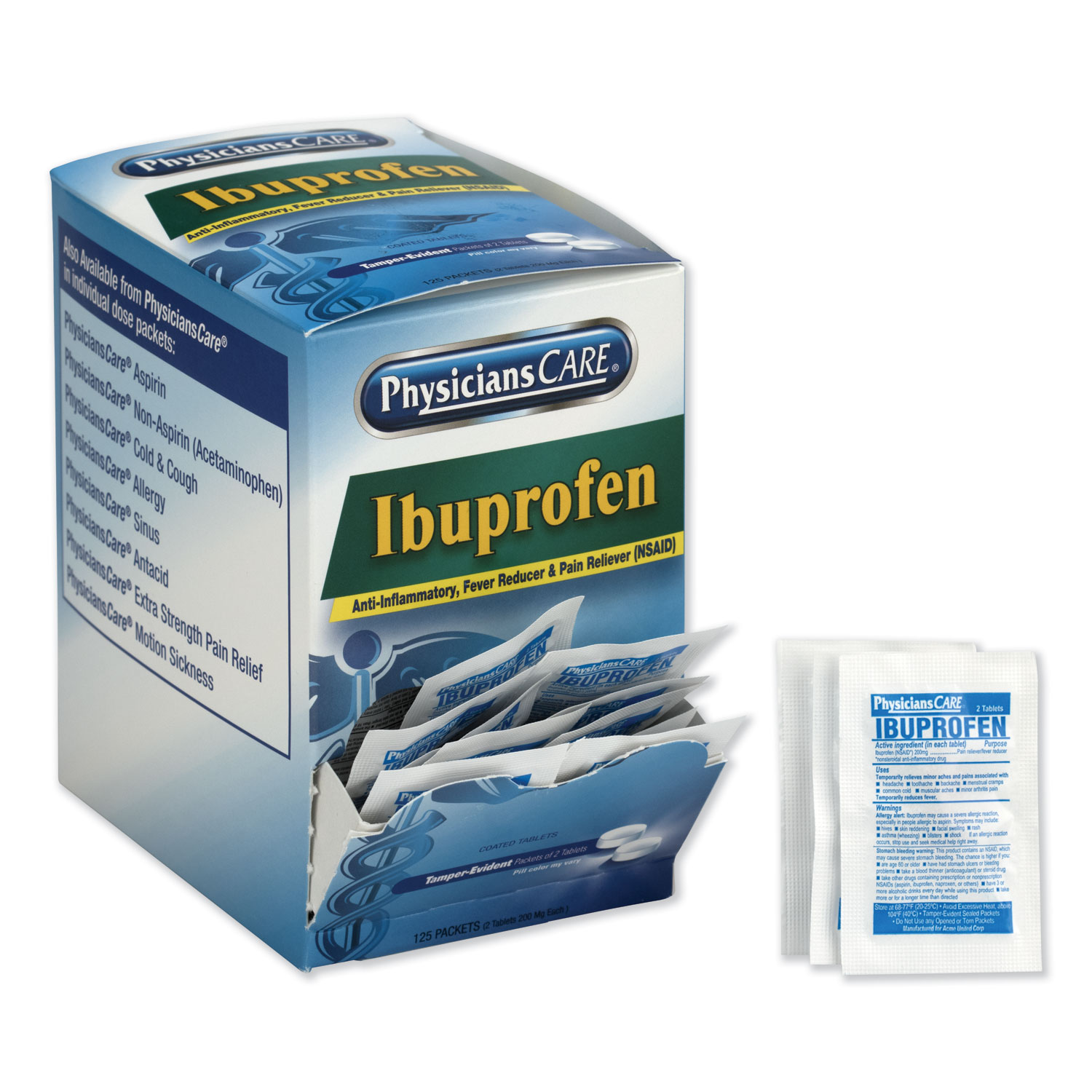  PhysiciansCare 90109-001 Ibuprofen Pain Reliever, Two-Pack, 125 Packs/Box (ACM90109) 