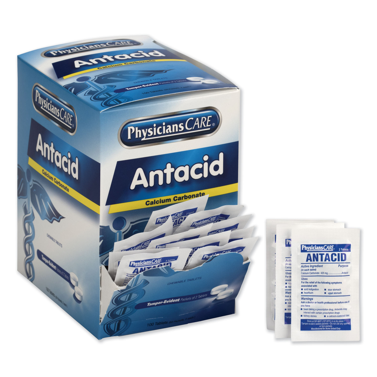  PhysiciansCare 90089 Antacid Calcium Carbonate Medication, Two-Pack, 50 Packs/Box (ACM90089) 