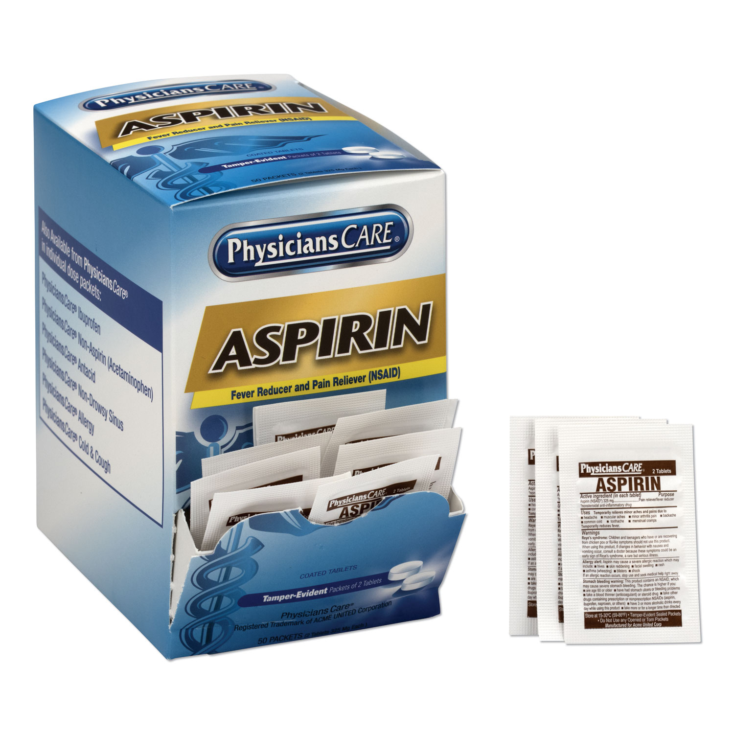  PhysiciansCare 90014-002 Aspirin Medication, Two-Pack, 50 Packs/Box (ACM90014) 