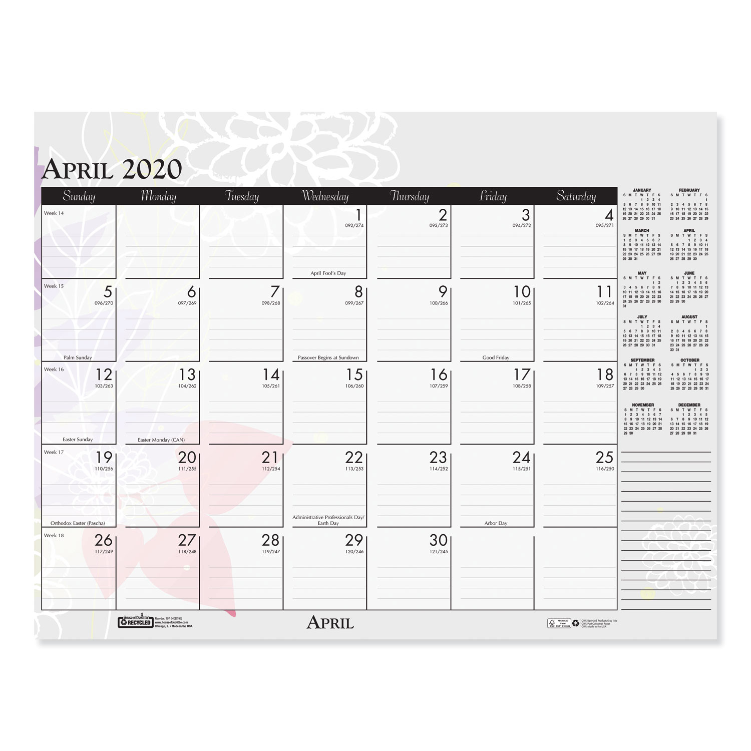 100% Recycled Contempo Desk Pad Calendar, 22 x 17, Wild Flowers, 2020