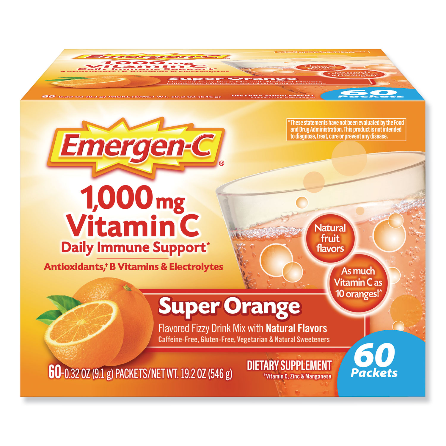  Emergen-C 130213 Immune Defense Drink Mix, Original Formula, Super Orange, 0.32 oz Packet, 60/Pack (ALA130213) 