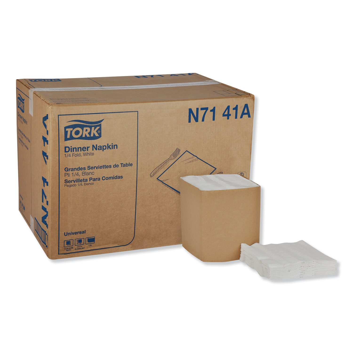  Tork N7141A Universal Dinner Napkins, 1-Ply, 17 x 17, 1/4 Fold, White, 4008/Carton (TRKN7141A) 