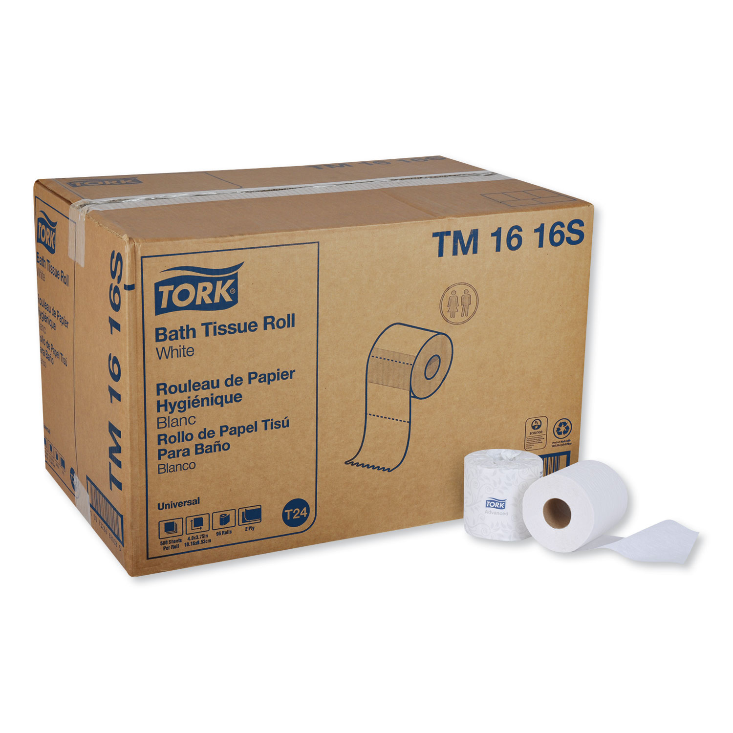  Tork TM1616S Universal Bath Tissue, Septic Safe, 2-Ply, White, 500 Sheets/Roll, 96 Rolls/Carton (TRKTM1616S) 