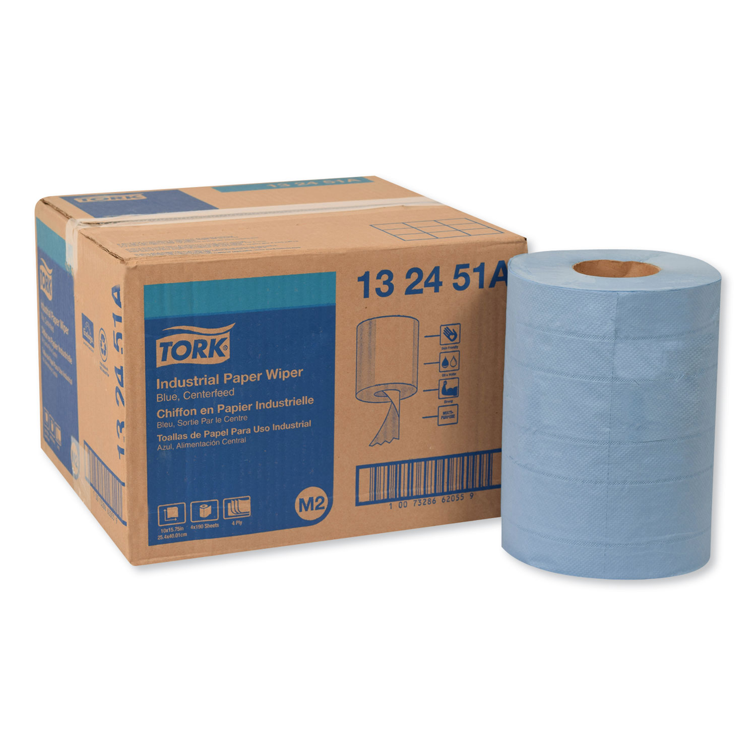  Tork 132451A Industrial Paper Wiper, 4-Ply, 10 x 15.75, Blue, 190 Wipes/Roll, 4 Roll/Carton (TRK132451A) 