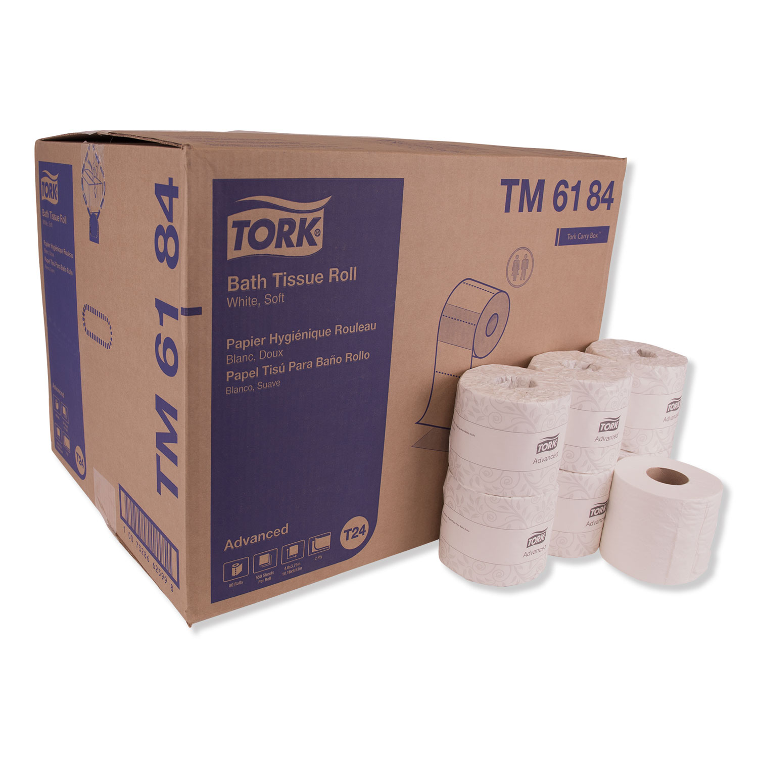  Tork TM6184 Advanced Bath Tissue, Septic Safe, 2-Ply, White, 550 Sheets/Roll, 80 Rolls/Carton (TRKTM6184) 