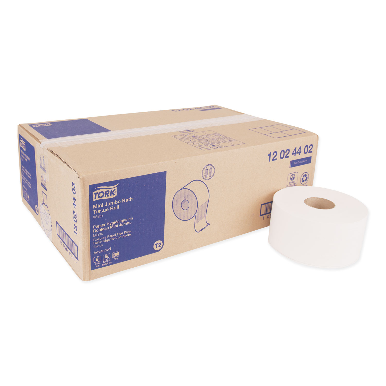  Tork 12024402 Advanced Mini-Jumbo Roll Bath Tissue, Septic Safe, 2-Ply, White, 3.48 x 751 ft, 12 Rolls/Carton (TRK12024402) 