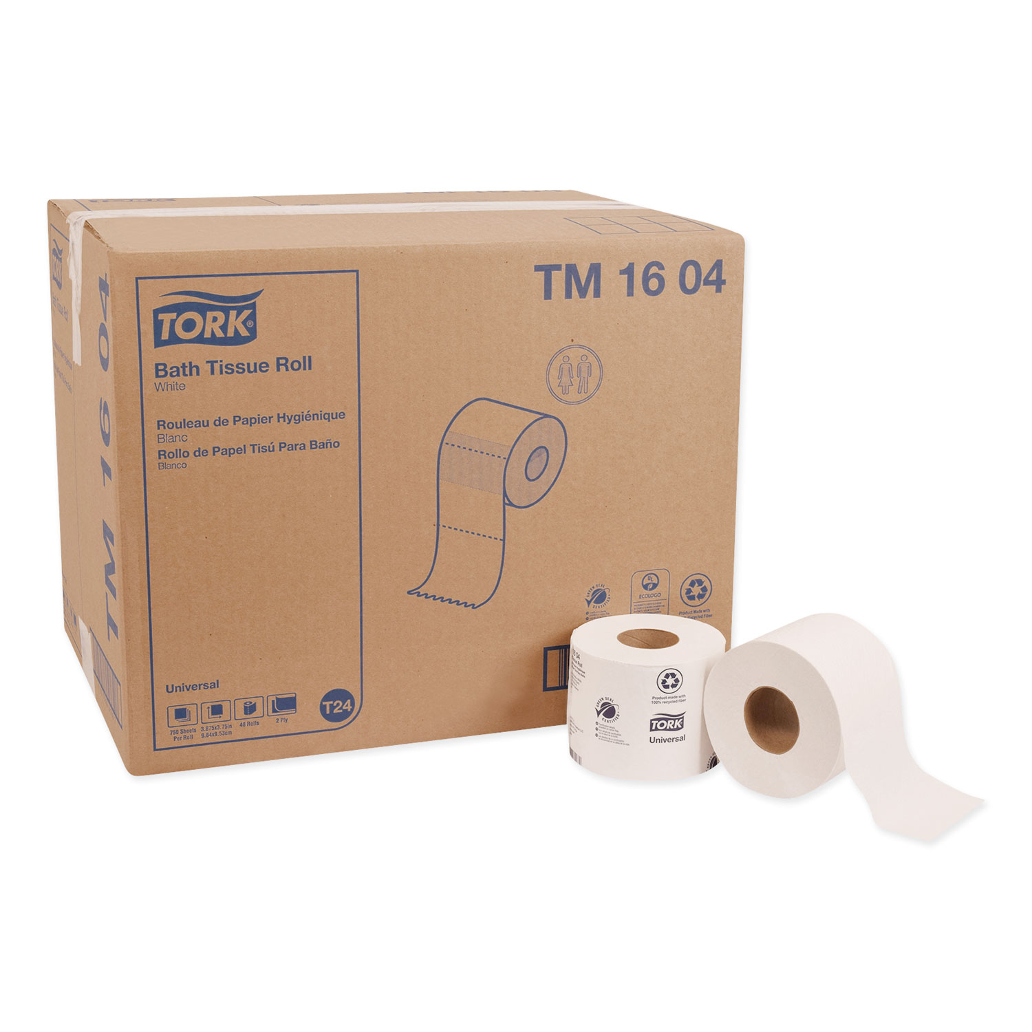  Tork TM1604 Universal Bath Tissue, Septic Safe, 2-Ply, White, 750 Sheets/Roll, 48 Rolls/Carton (TRKTM1604) 