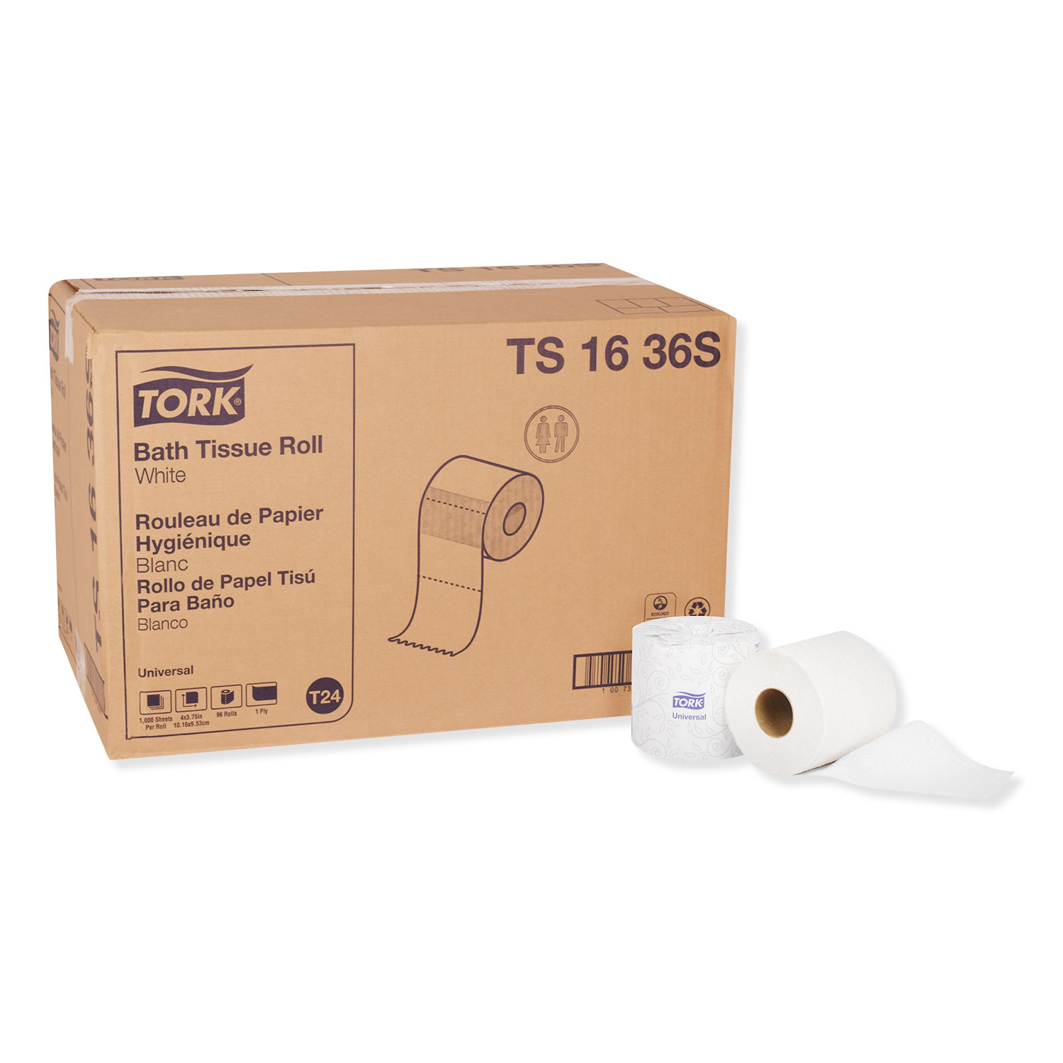  Tork TS1636S Universal Bath Tissue, Septic Safe, 1-Ply, White, 1000 Sheets/Roll, 96 Rolls/Carton (TRKTS1636S) 