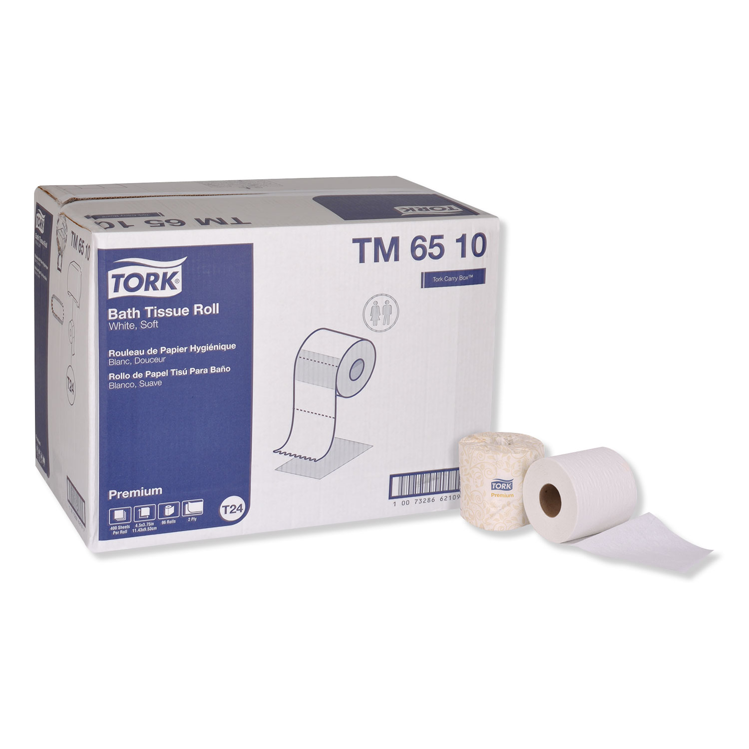  Tork TM6510 Premium Bath Tissue, Septic Safe, 2-Ply, White, 400 Sheets/Roll, 96 Rolls/Carton (TRKTM6510) 