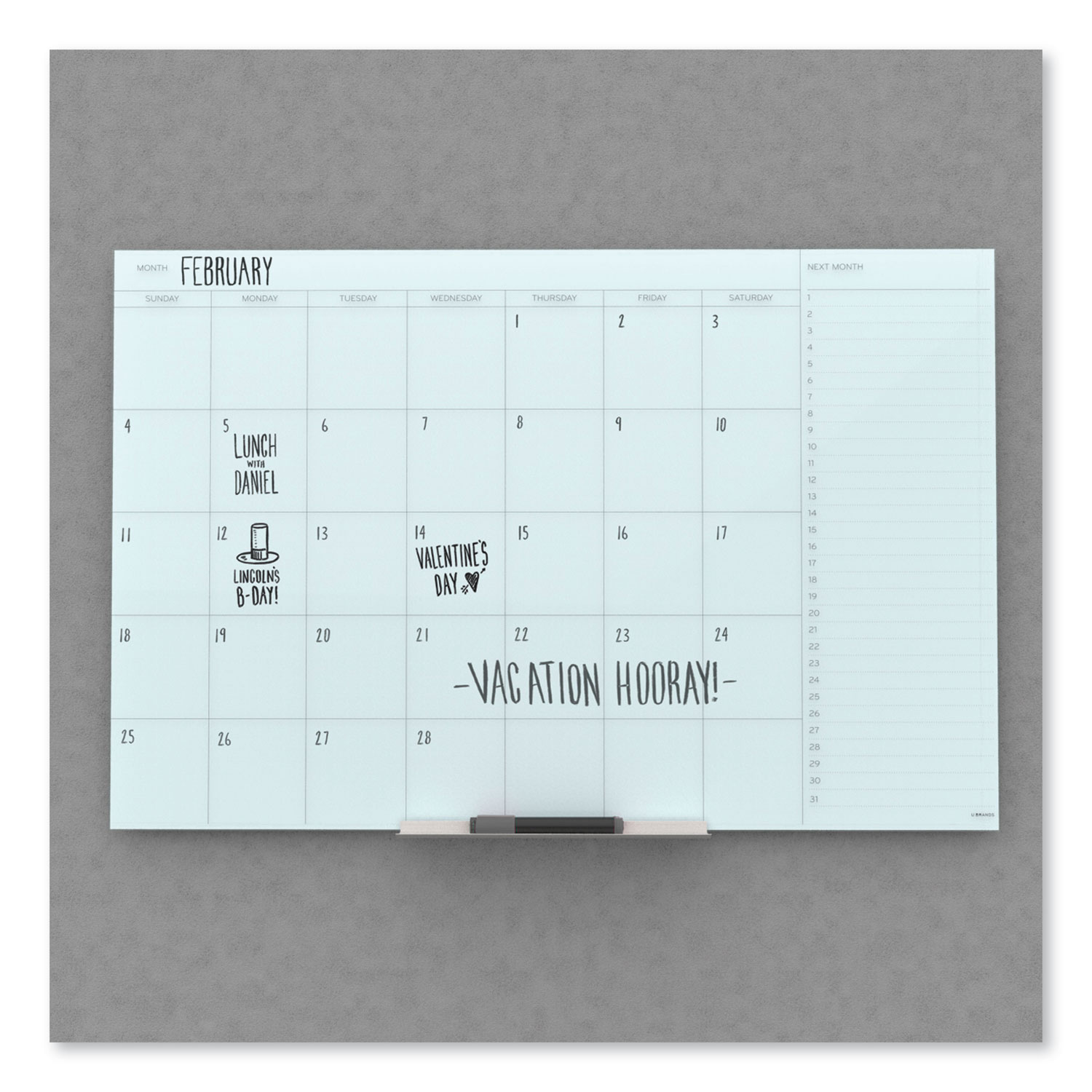 Floating Glass Dry Erase Undated One Month Calendar, 36 x 24, White