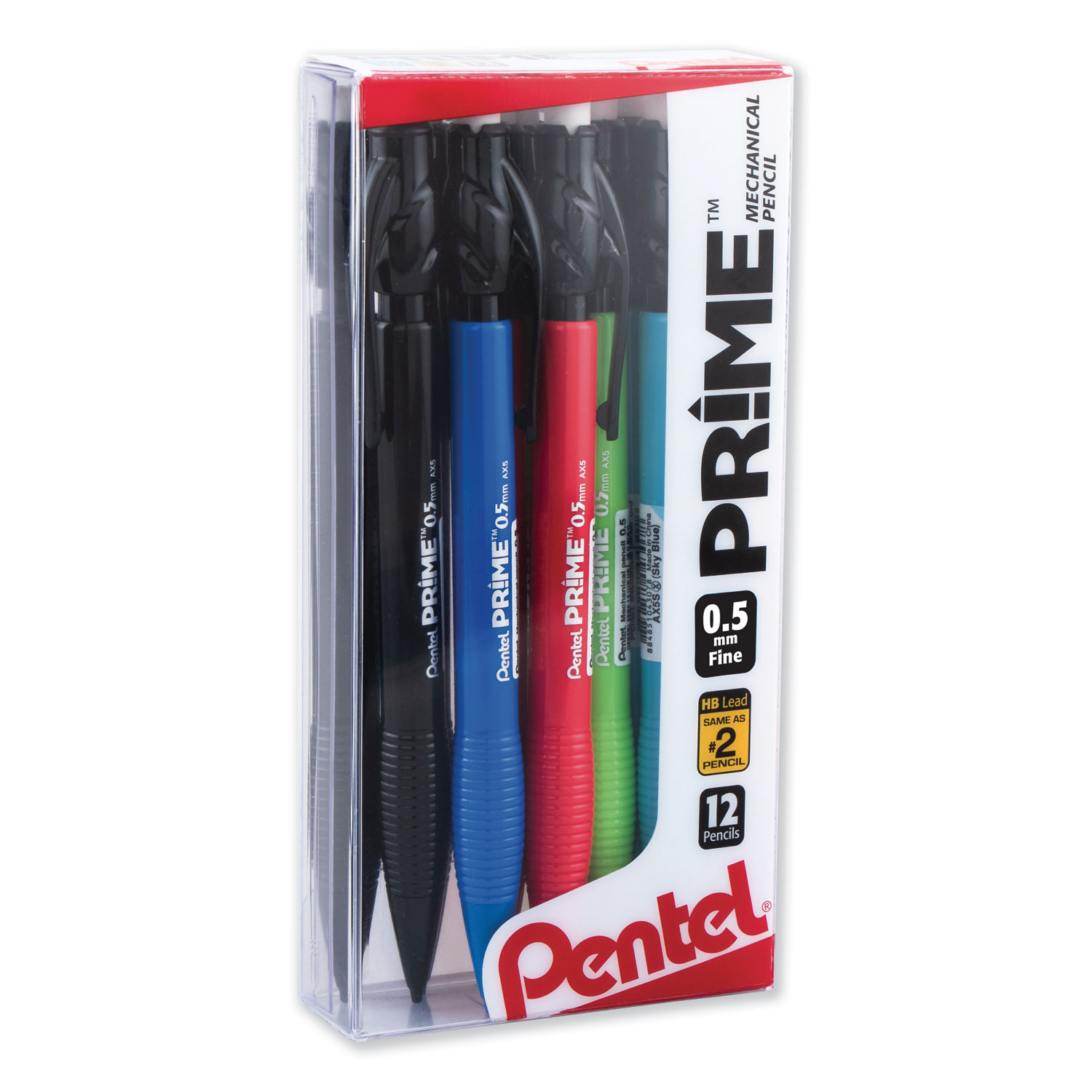  Pentel AX5PC12M PRIME Mechanical Pencil, 0.5 mm, HB (#2.5), Black Lead, Assorted Barrel Colors, Dozen (PENAX5PC12M) 