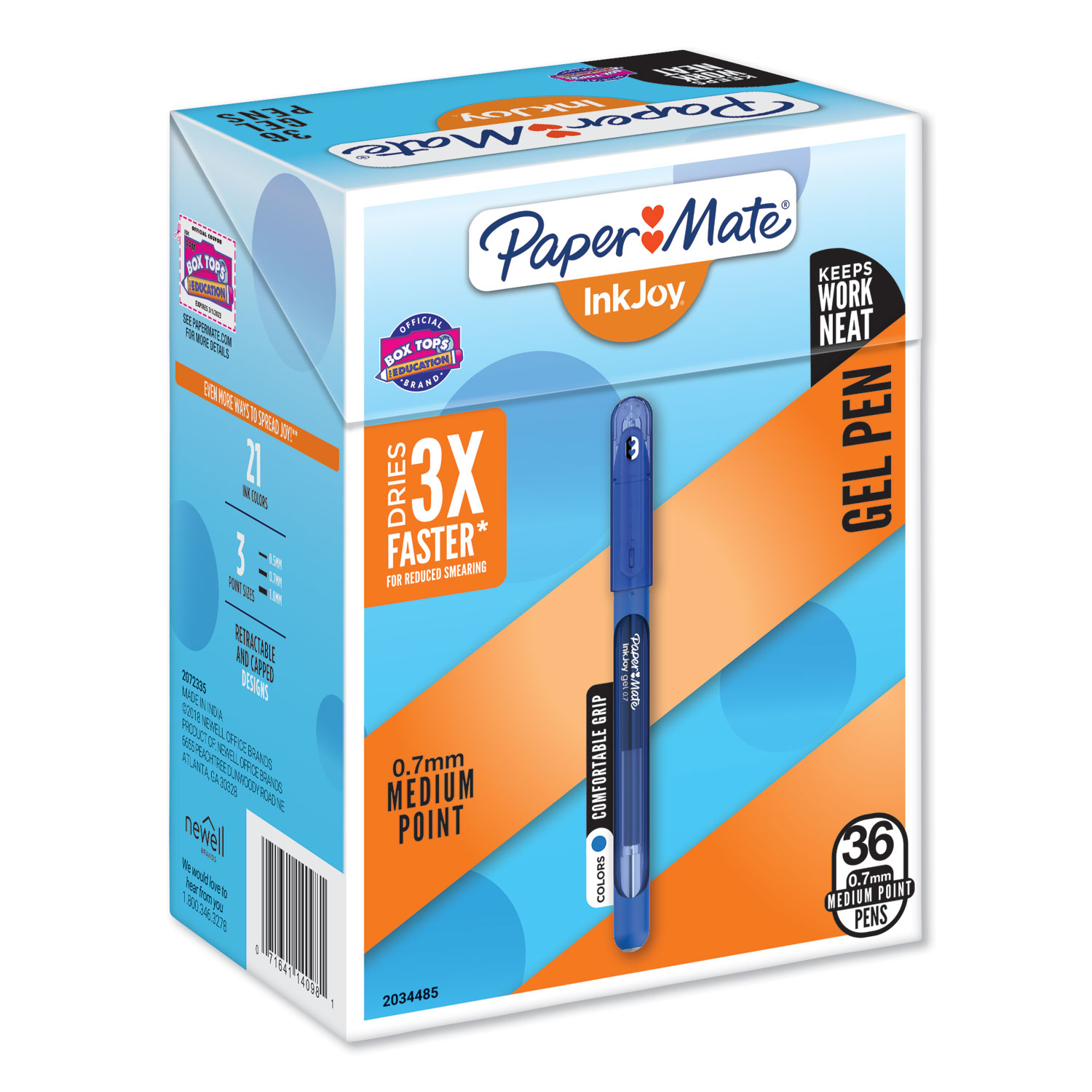  Paper Mate 2034485 InkJoy Stick Gel Pen, Medium 0.7mm, Blue Ink/Barrel, 36/Pack (PAP2034485) 