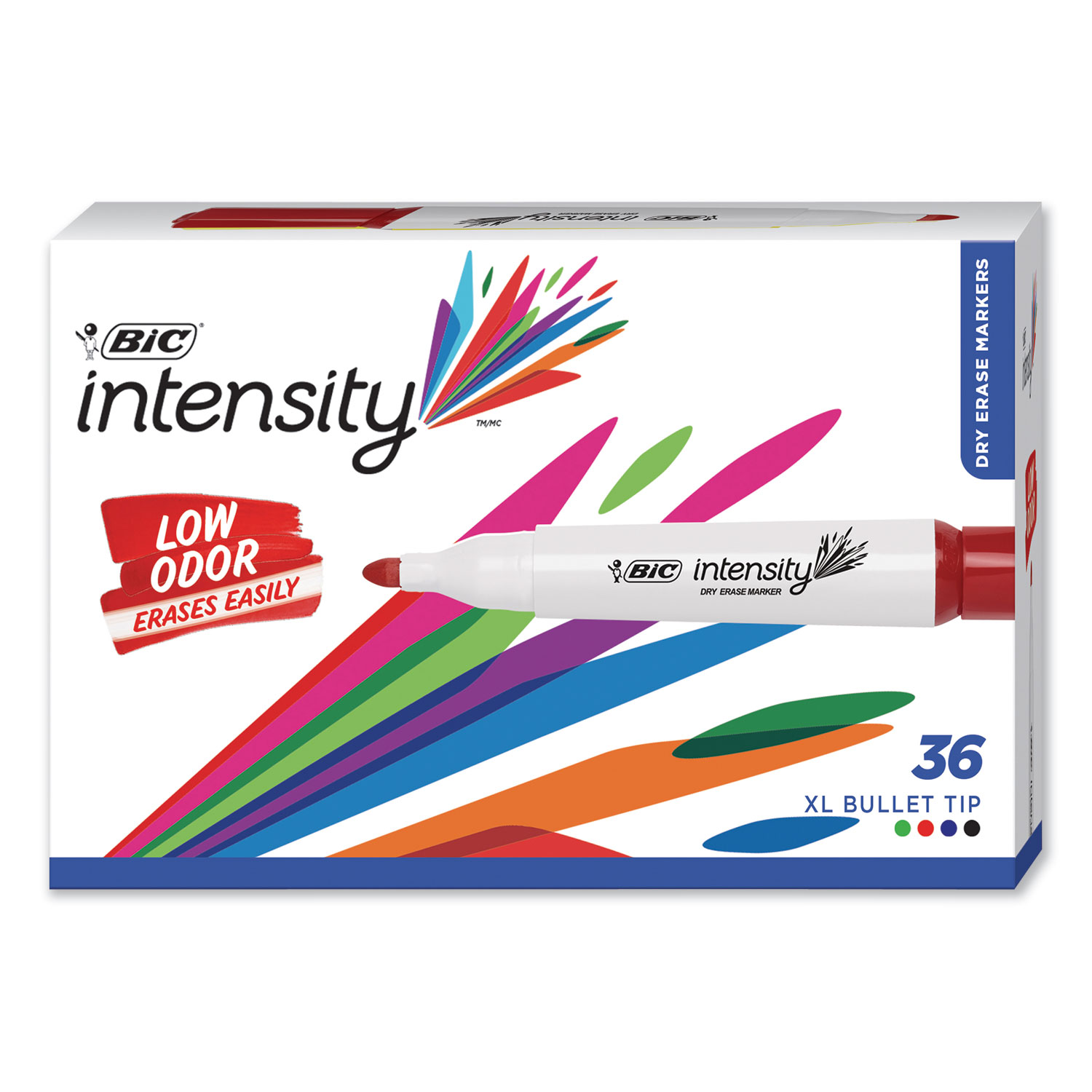 Intensity Low Odor Dry Erase Marker, Fine XL Bullet Tip, Assorted Colors, 36/Set