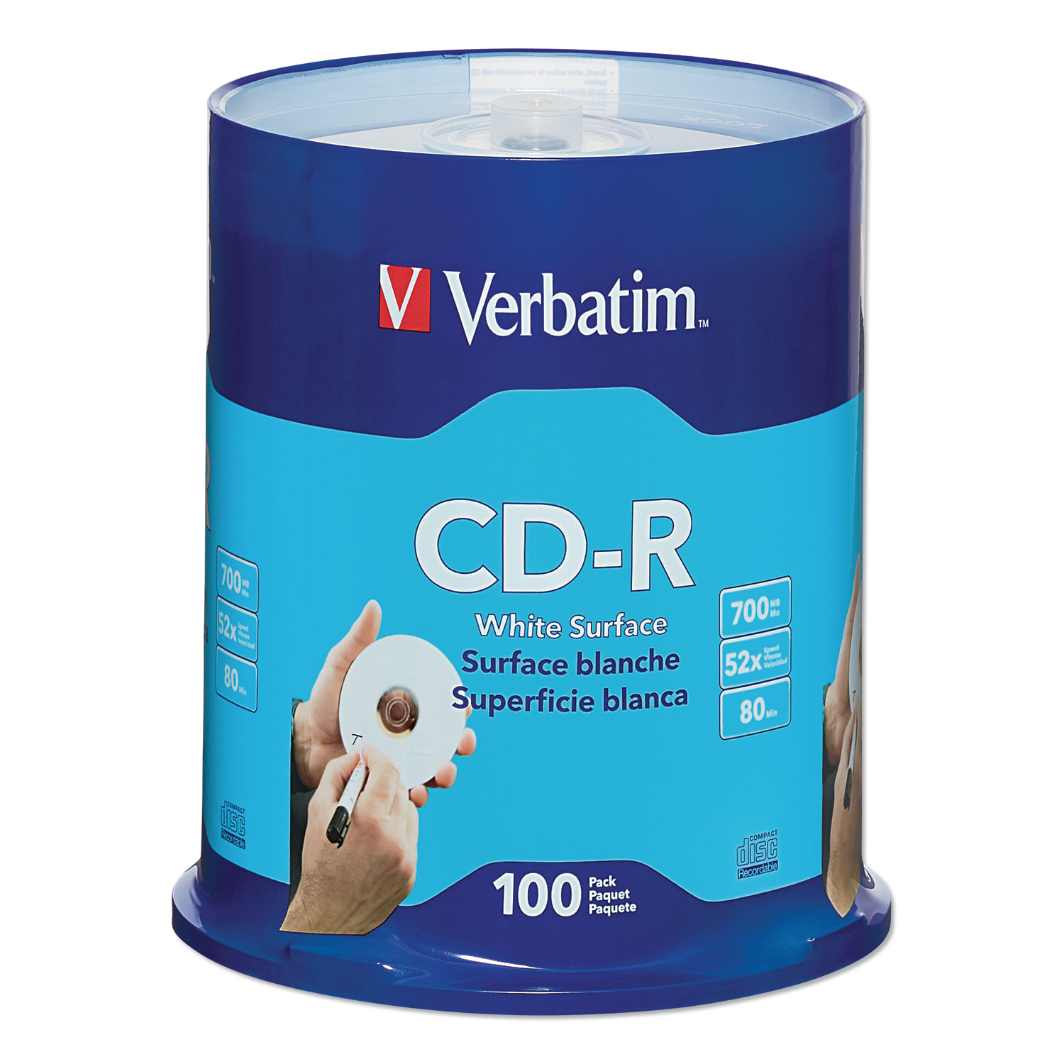  Verbatim 94712 CD-R Discs, 700MB/80min, 52x, Spindle, White, 100/Pack (VER94712) 