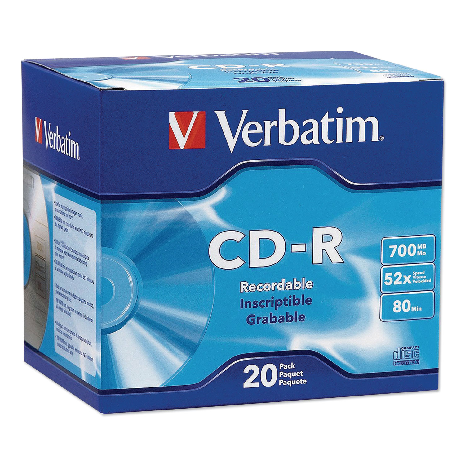  Verbatim 94936 CD-R Discs, 700MB/80min, 52x, w/Slim Jewel Cases, Silver, 20/Pack (VER94936) 