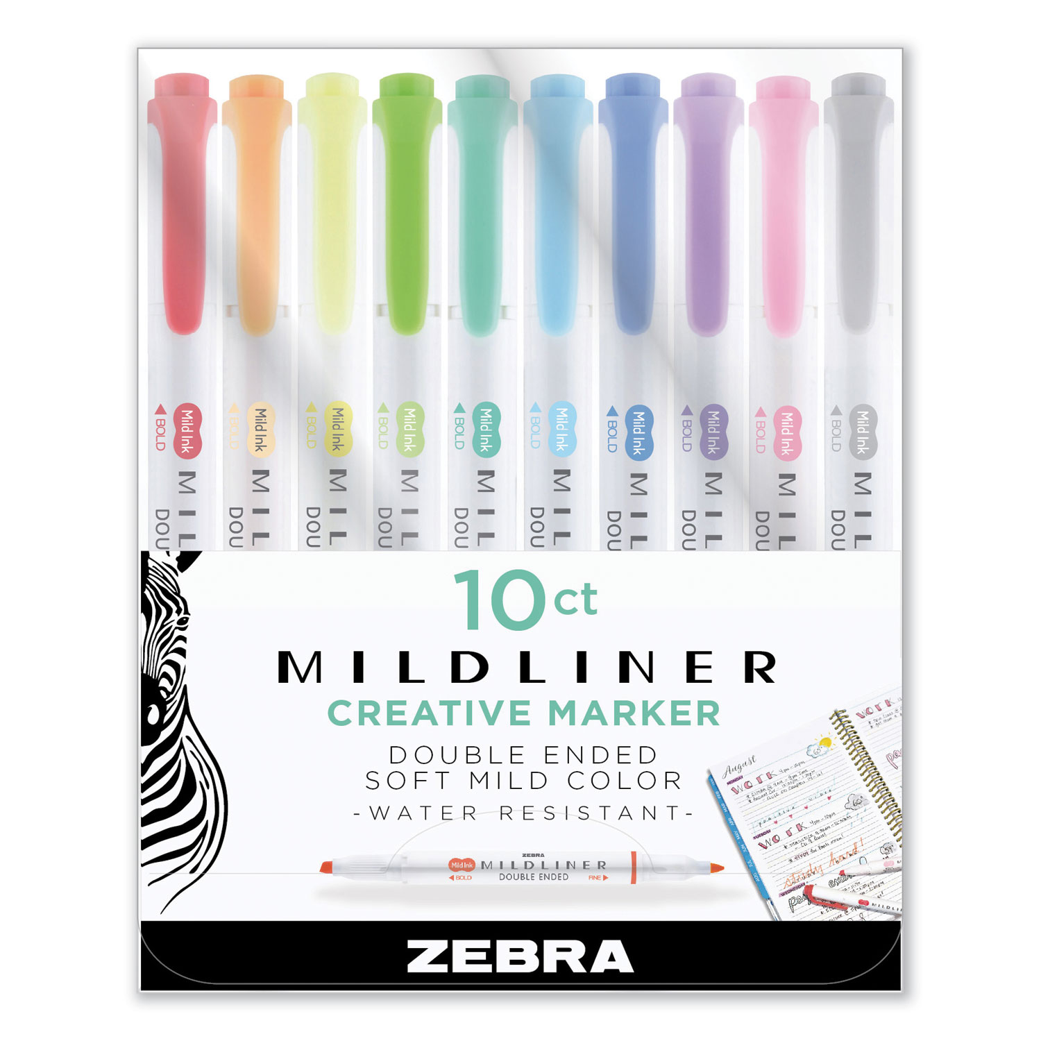  Zebra 78101 Mildliner Double Ended Highlighter, Chisel/Bullet Tip, Assorted Colors, 10/Set (ZEB78101) 