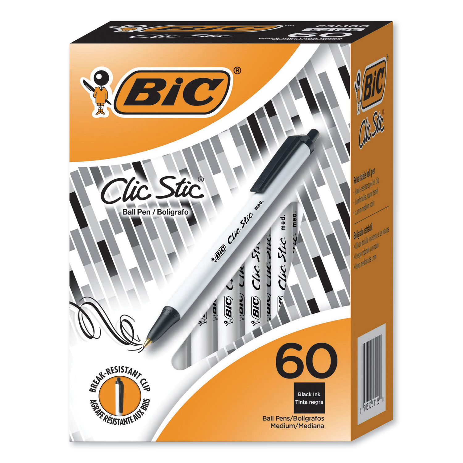  BIC CSM60BK Clic Stic Retractable Ballpoint Pen, Medium 1.2 mm, Black Ink, White Barrel, 60/Pack (BICCSM60BK) 