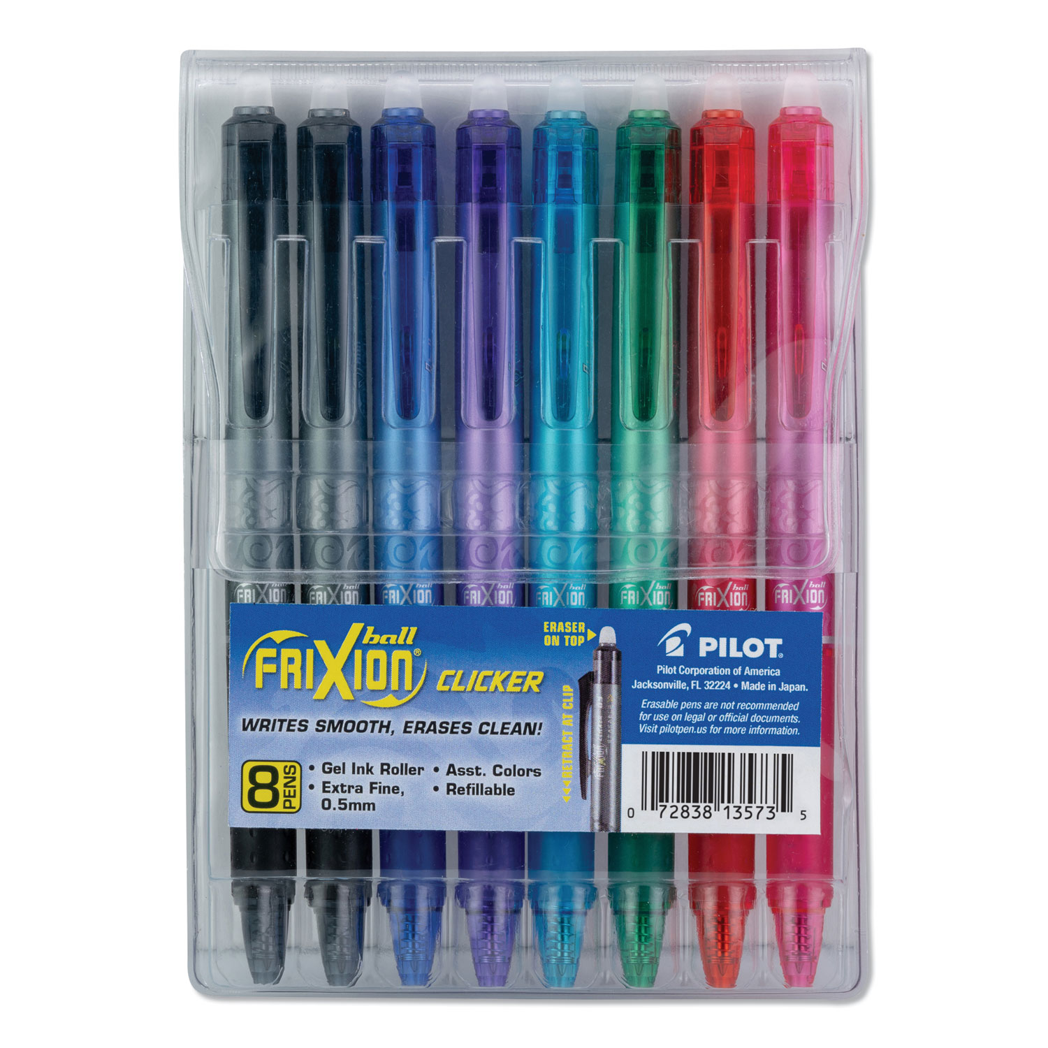 Pilot® FriXion Clicker Erasable Retractable Gel Pen, Extra-Fine 0.5 mm, Assorted Ink/Barrel, 8/Set