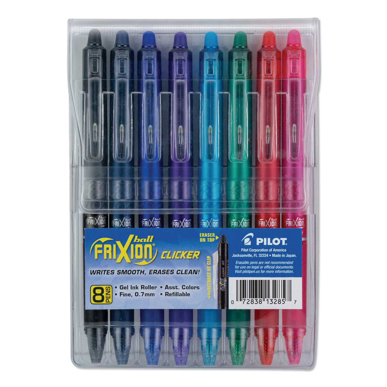 Pilot® FriXion Clicker Erasable Retractable Gel Pen, Fine 0.7 mm, Assorted Ink/Barrel, 8/Set