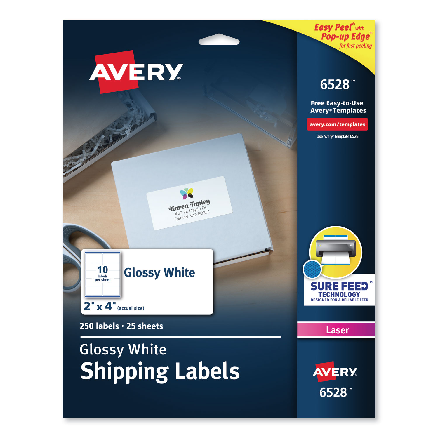  Avery 06528 Glossy White Easy Peel Mailing Labels w/ Sure Feed Technology, Laser Printers, 2 x 4, White, 10/Sheet, 25 Sheets/Pack (AVE6528) 