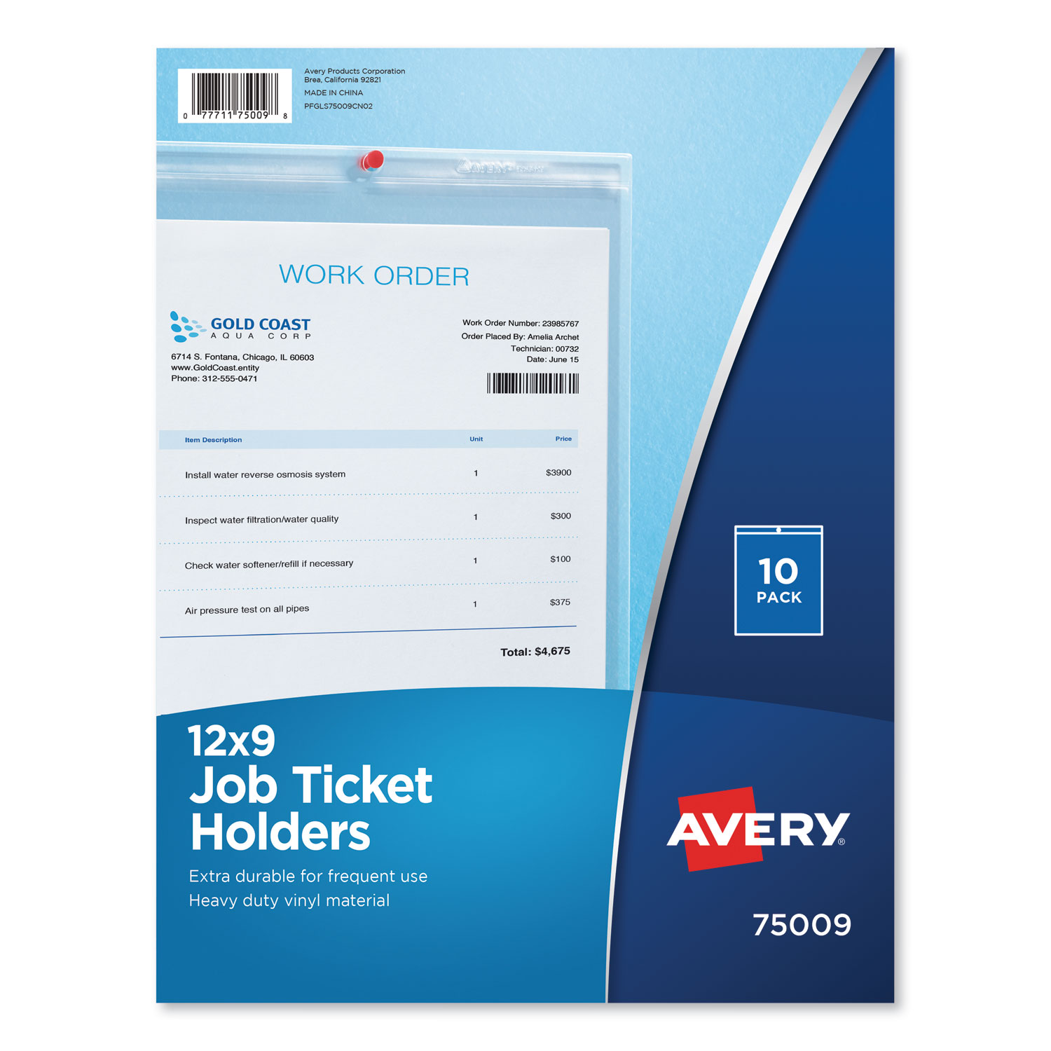  Avery 75009 Job Ticket Holders, Heavy Gauge Vinyl, 9 x 12, Clear, 10/Pack (AVE75009) 