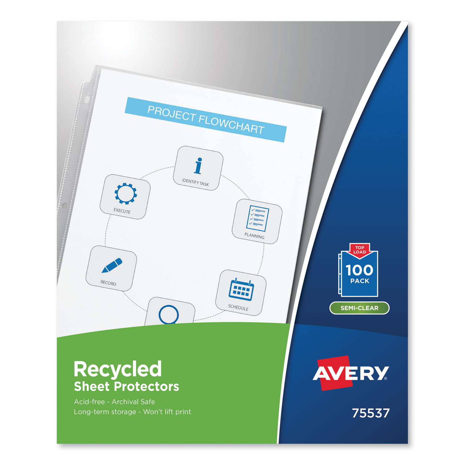  Avery 75537 Top-Load Recycled Polypropylene Sheet Protector, Semi-Clear, 100/Box (AVE75537) 