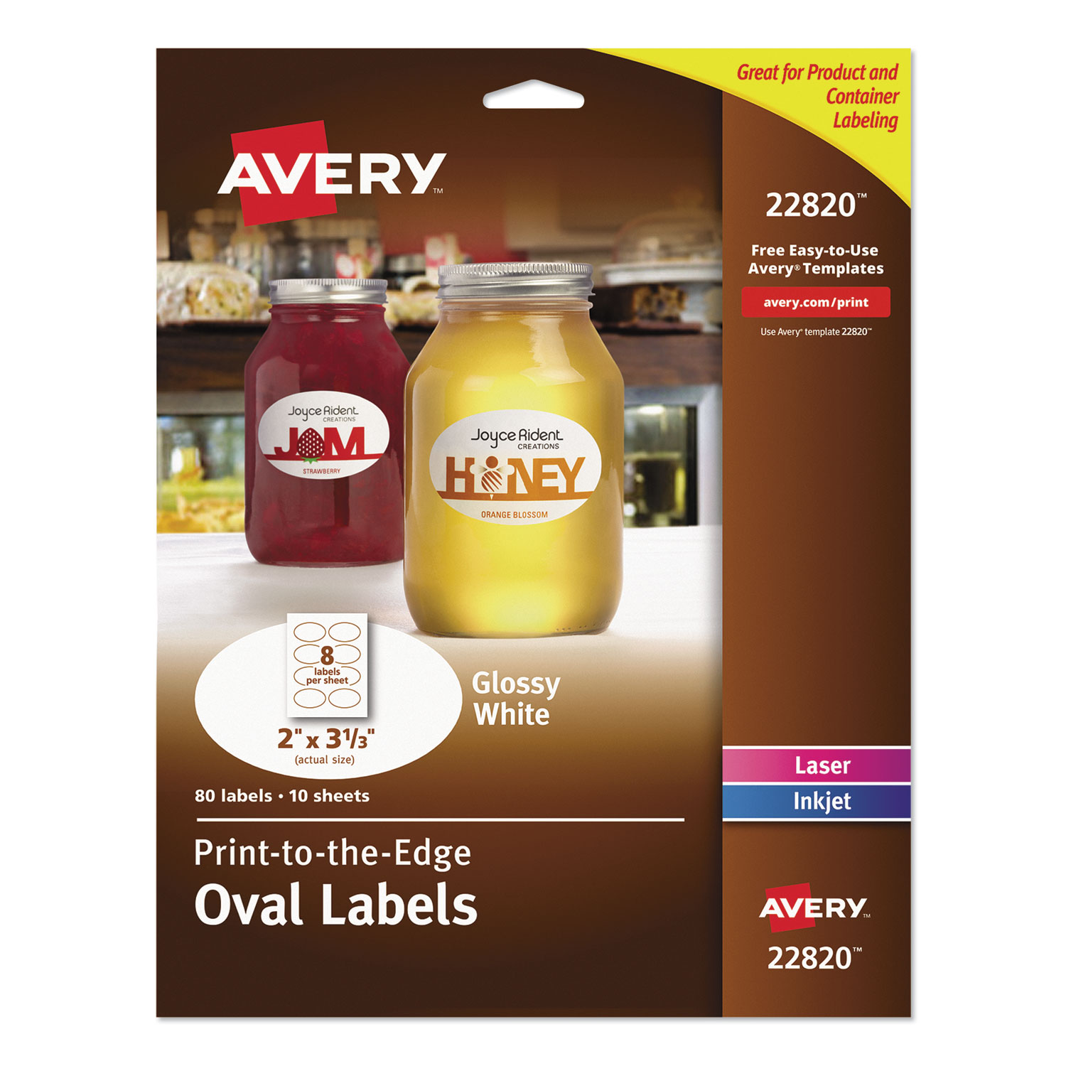  Avery 22820 Oval Labels w/ Sure Feed & Easy Peel, 2 x 3 1/3, Glossy White, 80/Pack (AVE22820) 