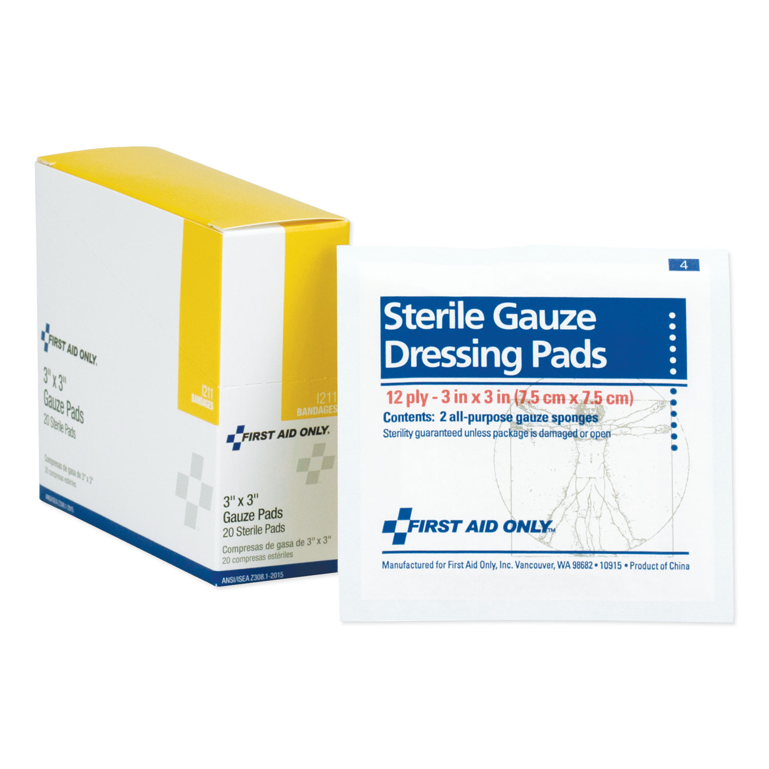 First Aid Only I211 Gauze Dressing Pads, 3 x 3, 10/Box (FAOI211) 