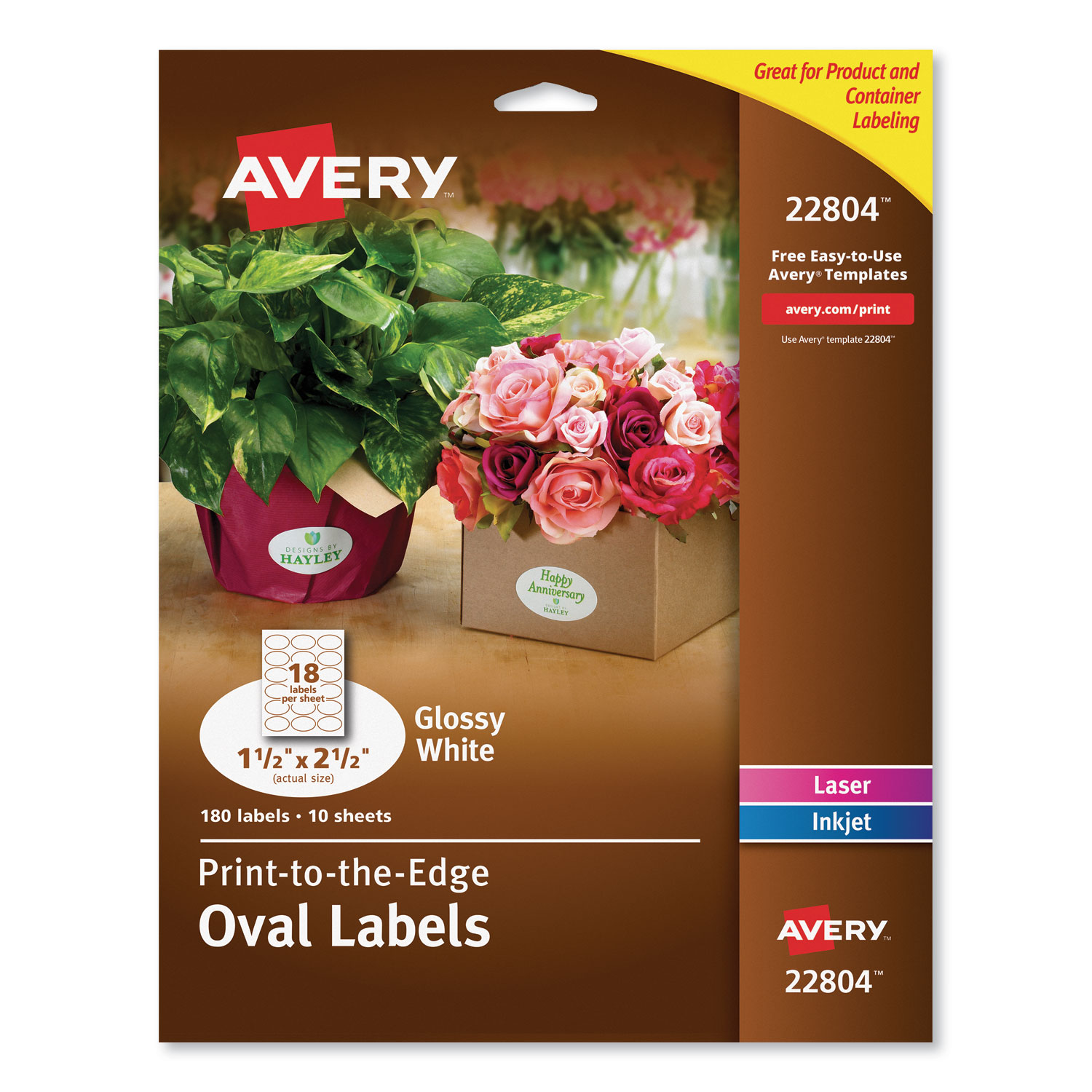  Avery 22804 Oval Labels w/ Sure Feed & Easy Peel, 1 1/2 x 2 1/2, Glossy White, 180/Pack (AVE22804) 