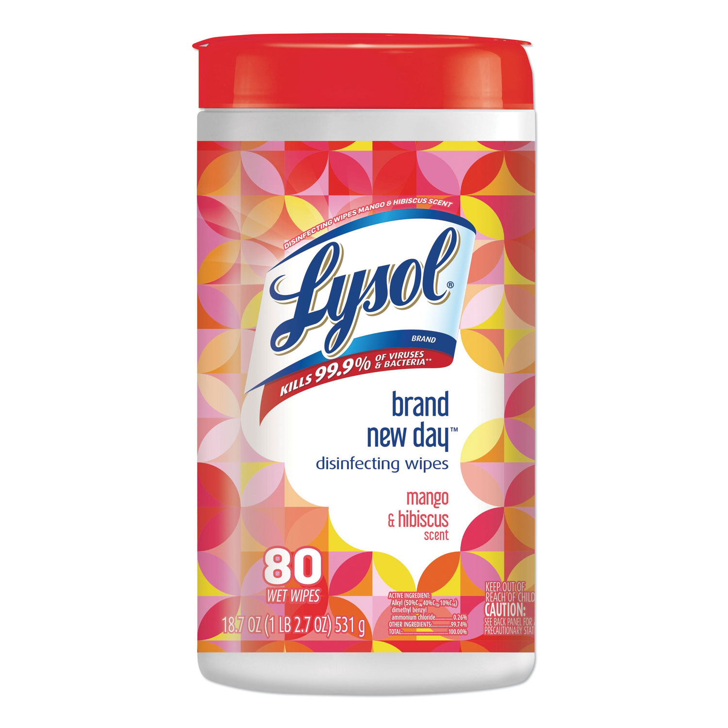  LYSOL Brand 19200-97181 Disinfecting Wipes, 7 x 8, Mango and Hibiscus, 80 Wipes/Canister (RAC97181EA) 