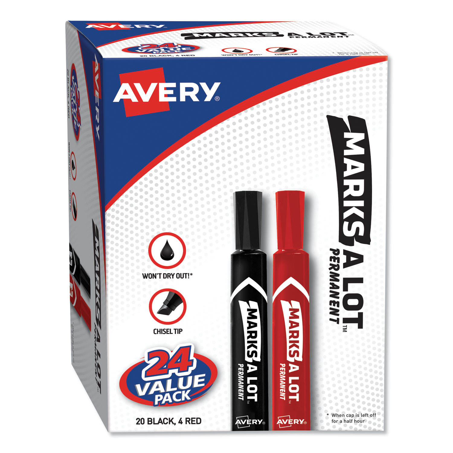  Avery 98088 MARKS A LOT Large Desk-Style Permanent Marker Value Pack, Broad Chisel Tip, Assorted Colors, 24/Set (AVE98088) 
