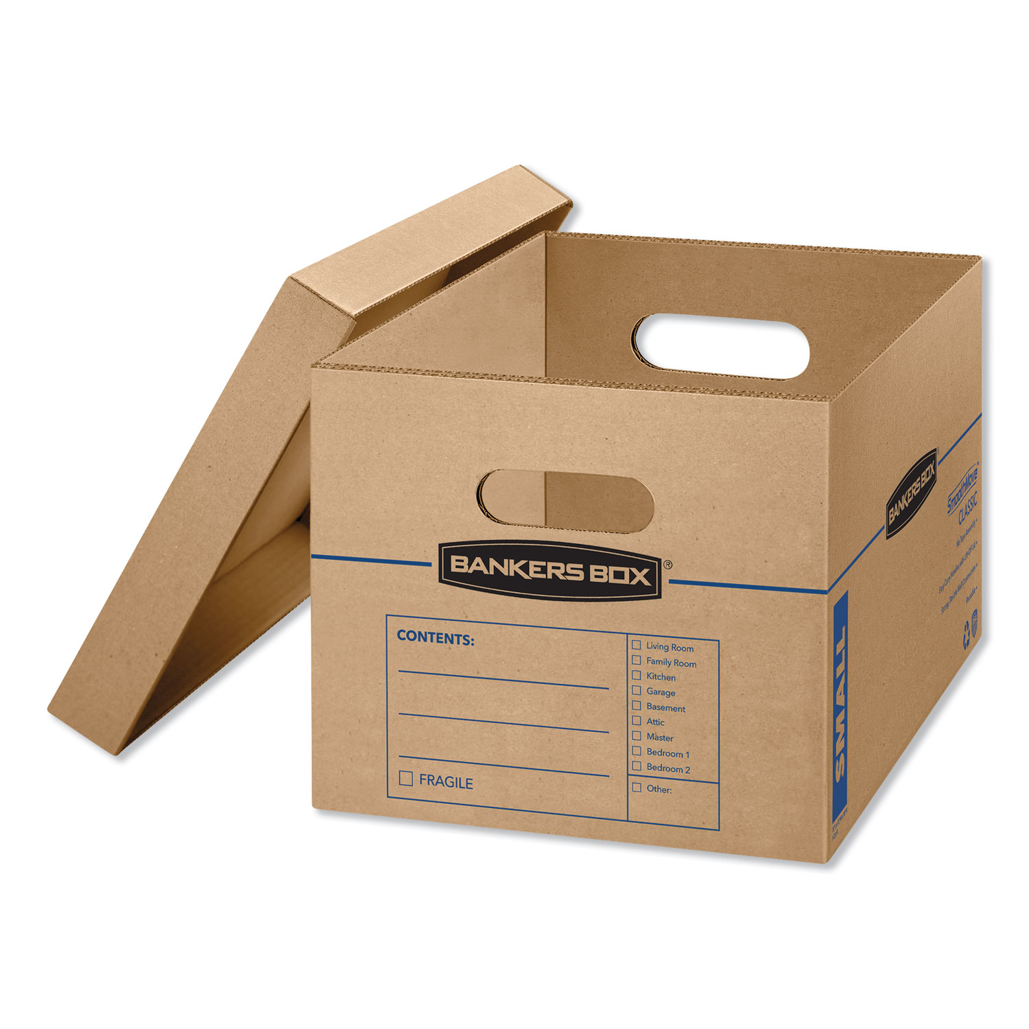  Bankers Box 7714209 SmoothMove Classic Moving & Storage Boxes, Small, Half Slotted Container (HSC), 15 x 12 x 10, Brown Kraft/Blue, 15/Carton (FEL7714209) 