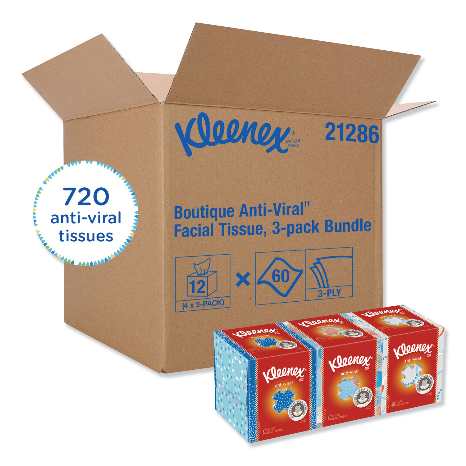  Kleenex KCC 21286 Boutique Anti-Viral Facial Tissue, 3-Ply, White, Pop-Up Box, 60 Sheets/Box, 3 Boxes/Pack, 4 Packs/Carton (KCC21286CT) 