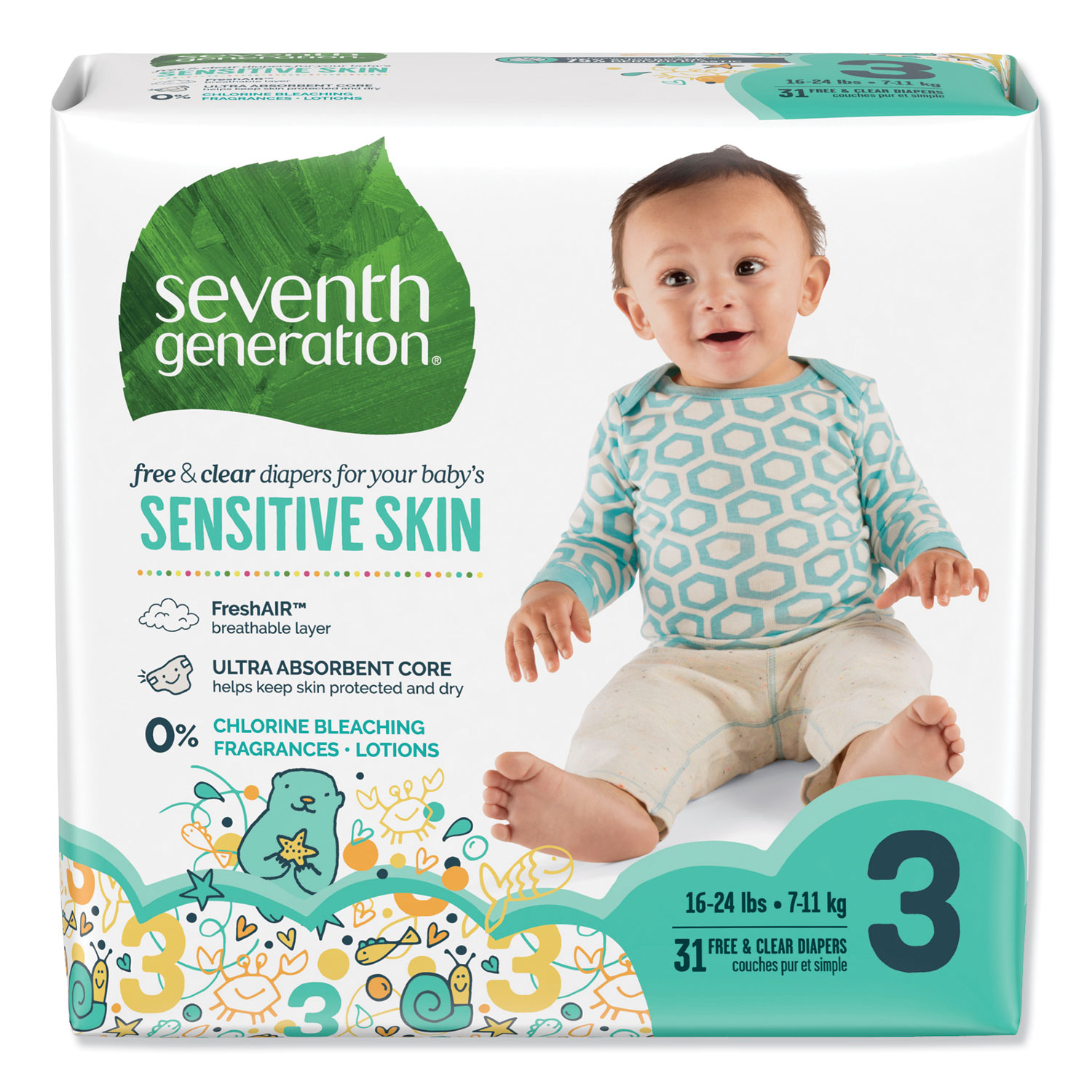  Seventh Generation 44062 Free and Clear Baby Diapers, Size 3, 16 lbs to 24 lbs, 124/Carton (SEV44062) 