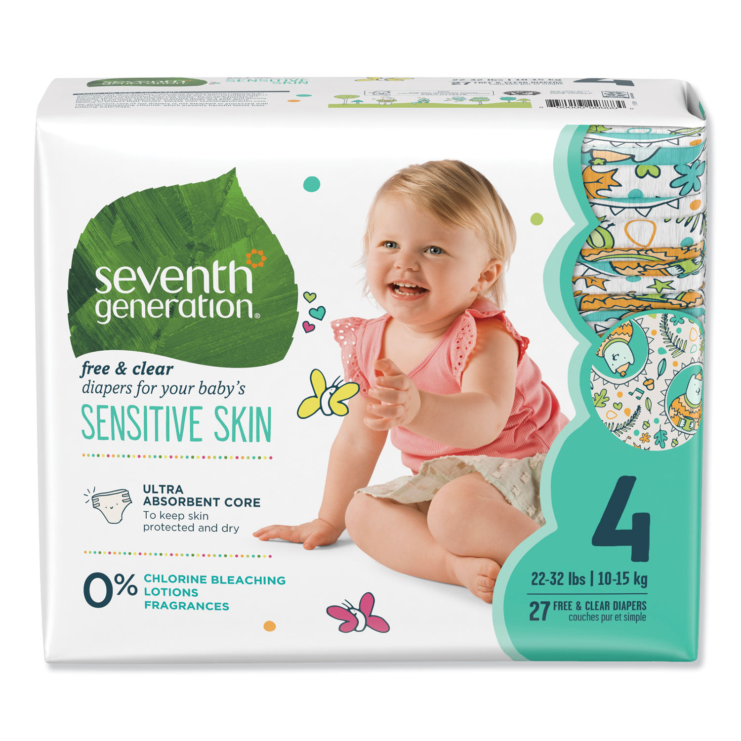  Seventh Generation 44063 Free and Clear Baby Diapers, Size 4, 22 lbs to 32 lbs, 108/Carton (SEV44063) 