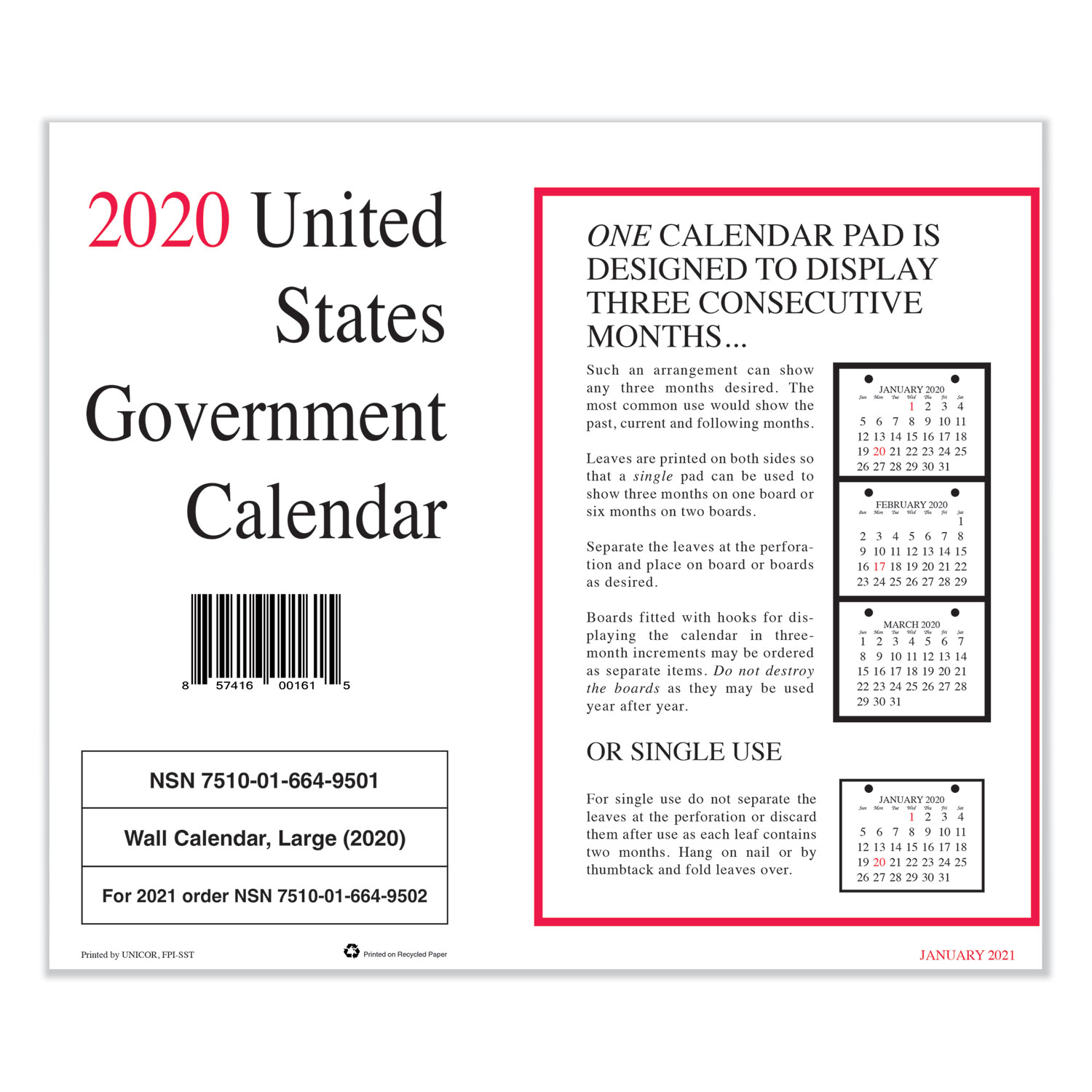  Unicor 7530016649501 7530016649501 Monthly Wall Calendar, 9 x 11, 2020, 10/Pack (UCR6649501) 