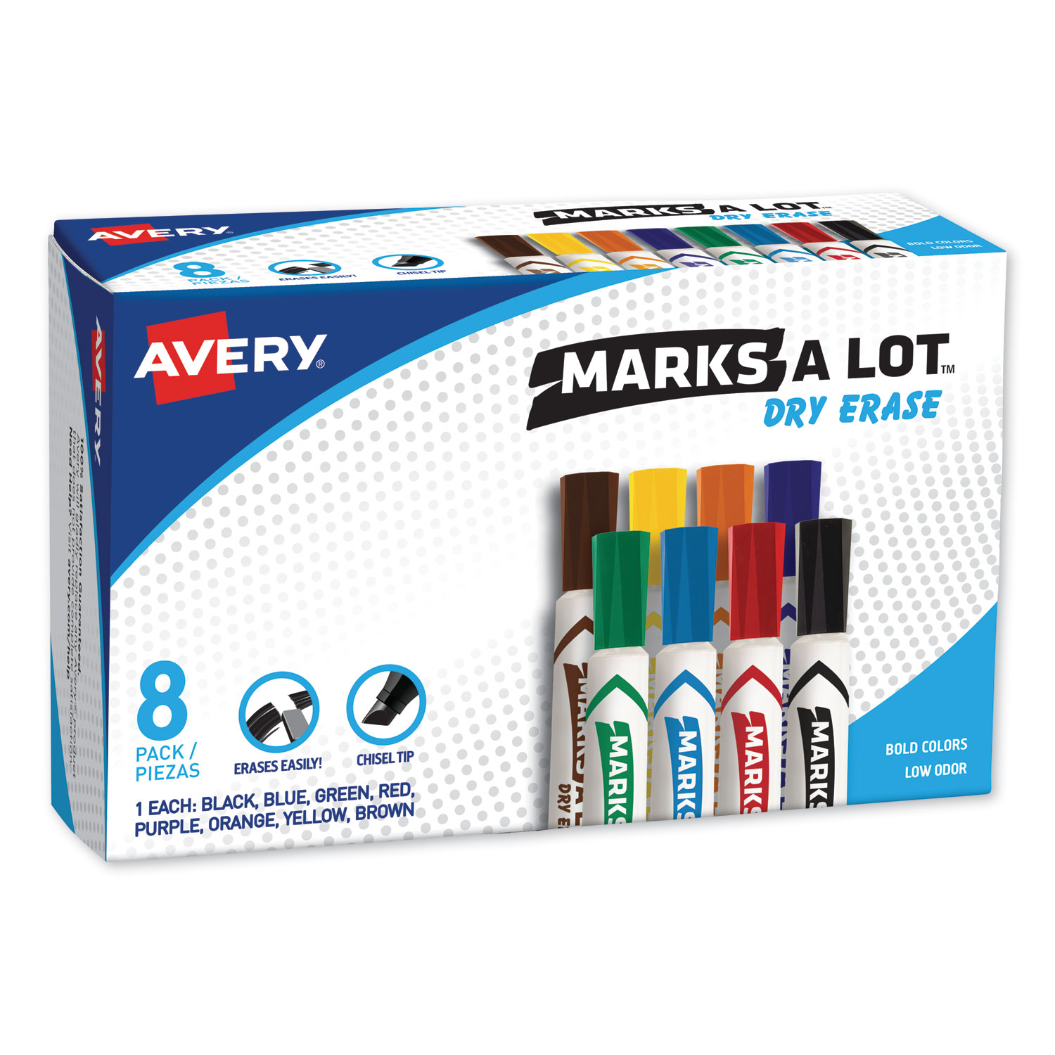  Avery 24411 MARKS A LOT Desk-Style Dry Erase Marker, Broad Chisel Tip, Assorted Colors, 8/Set (AVE24411) 
