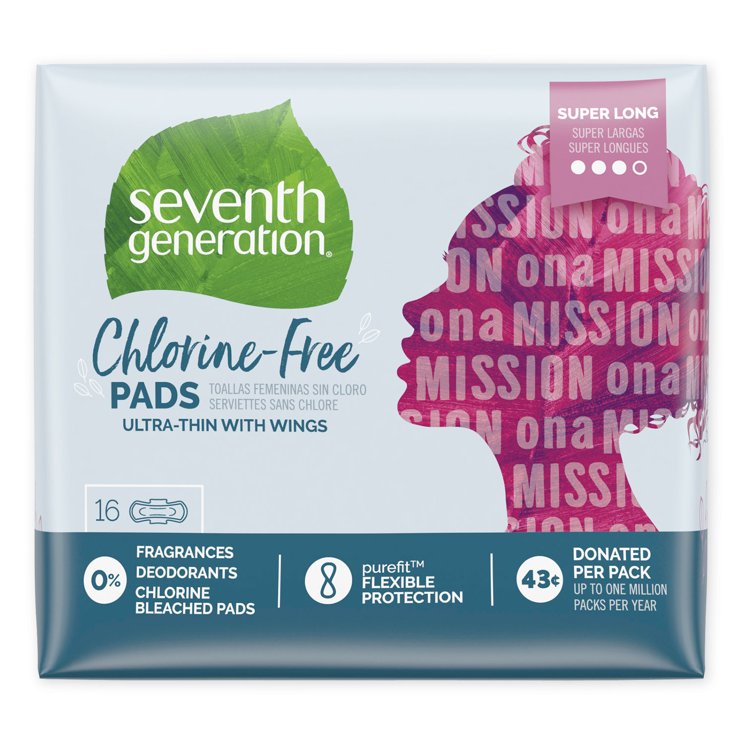  Seventh Generation 450046 Chlorine-Free Ultra Thin Pads with Wings, Super Long, 16/Pack, 6 Packs/Carton (SEV450046) 