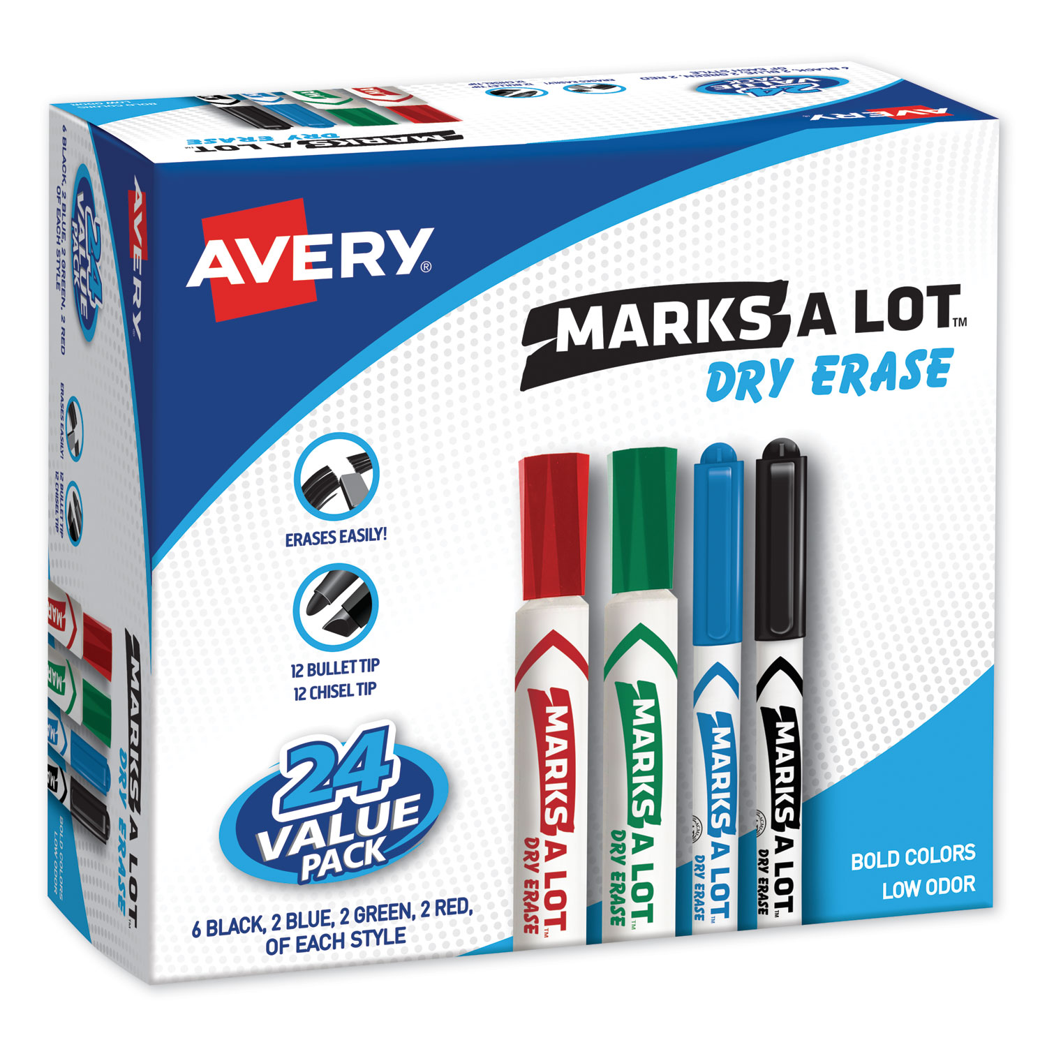  Avery 29870 MARKS A LOT Desk/Pen Style Dry Erase Marker Combo Pack, 12 Broad Bullet Tip, 12 Broad Chisel Tip, Assorted Colors, 24/Pack (AVE29870) 