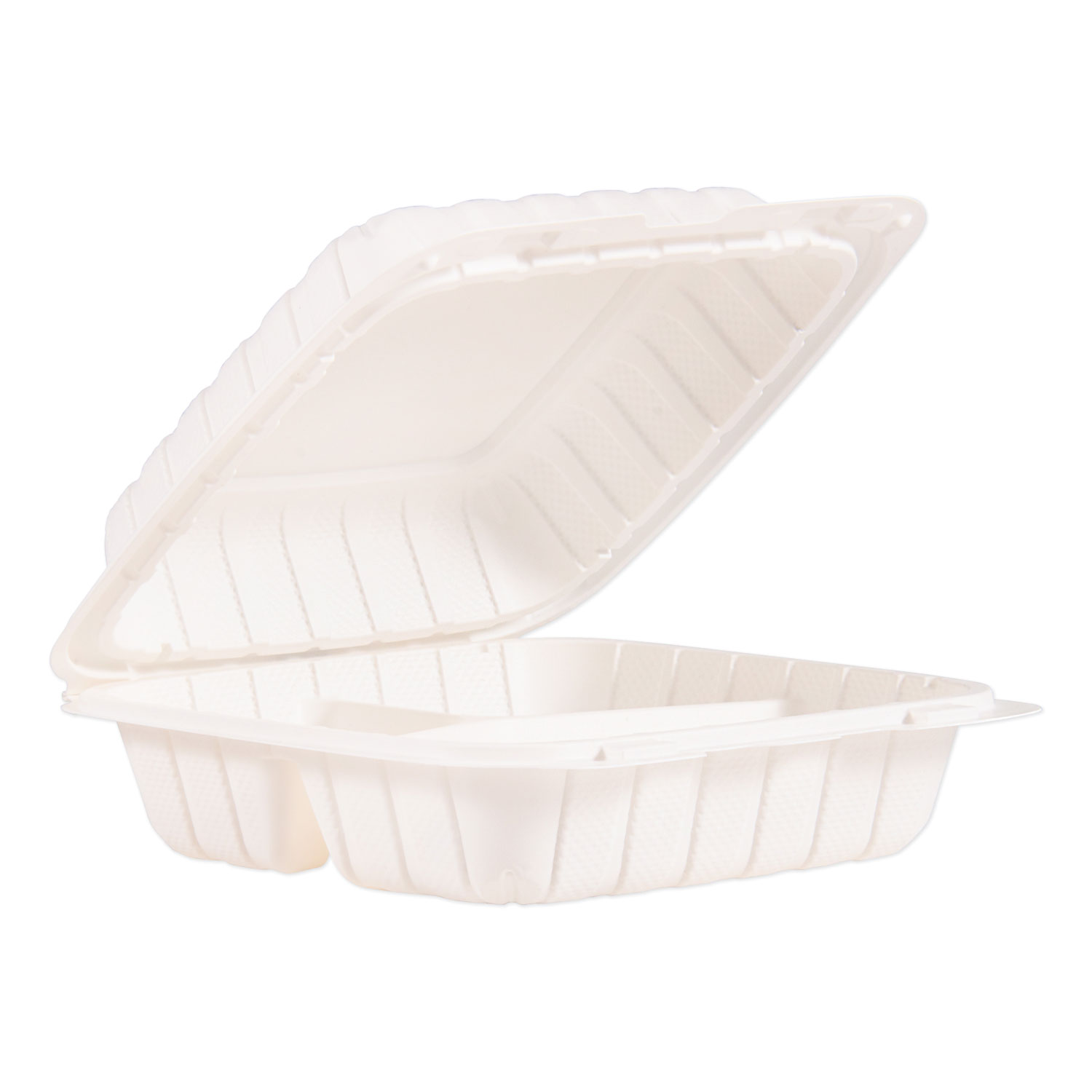 ProPlanet™ by Dart® Hinged Lid Three Compartment Containers, 8.3 x 8 x 3, White, 150/Carton