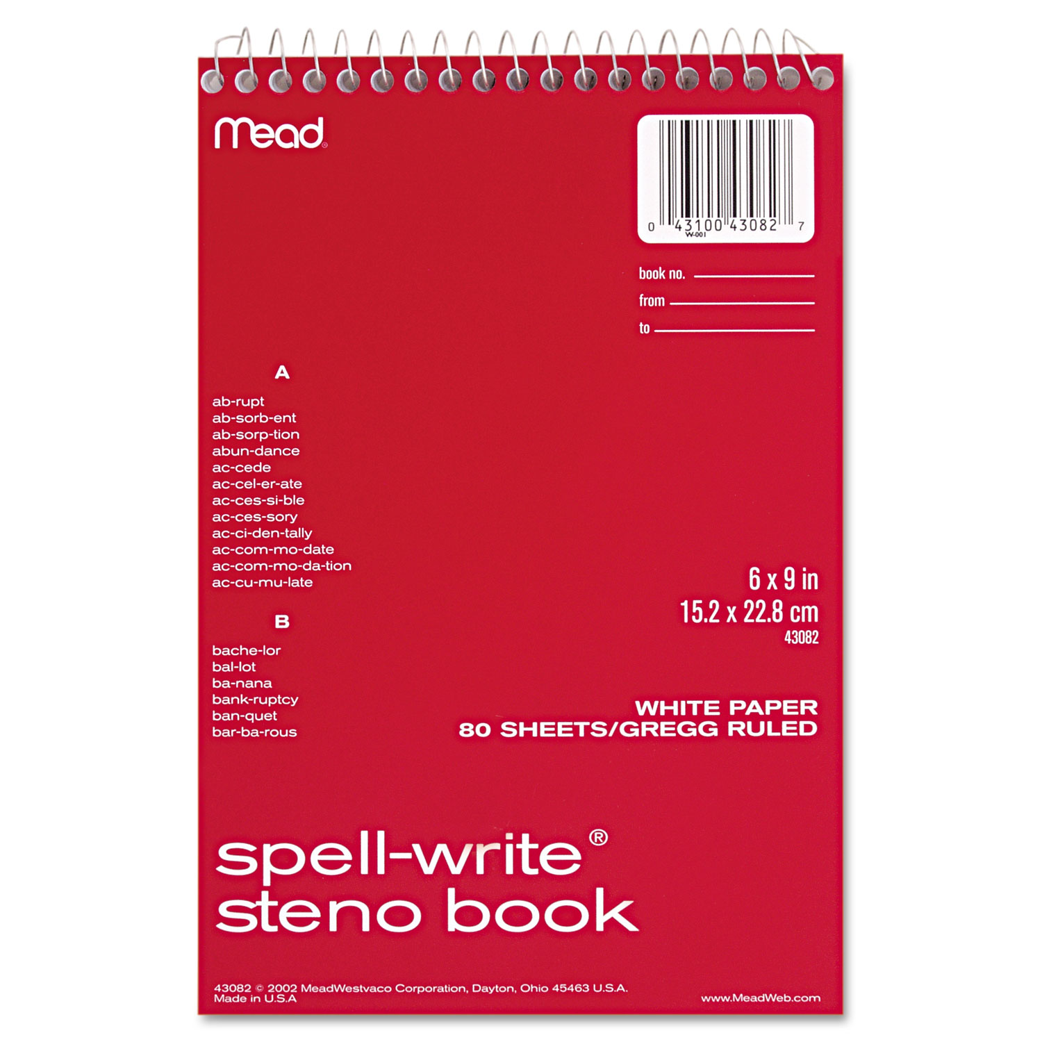  Mead 43082 Spell-Write Wirebound Steno Book, Gregg Rule, 6 x 9, White, 80 Sheets (MEA43082) 