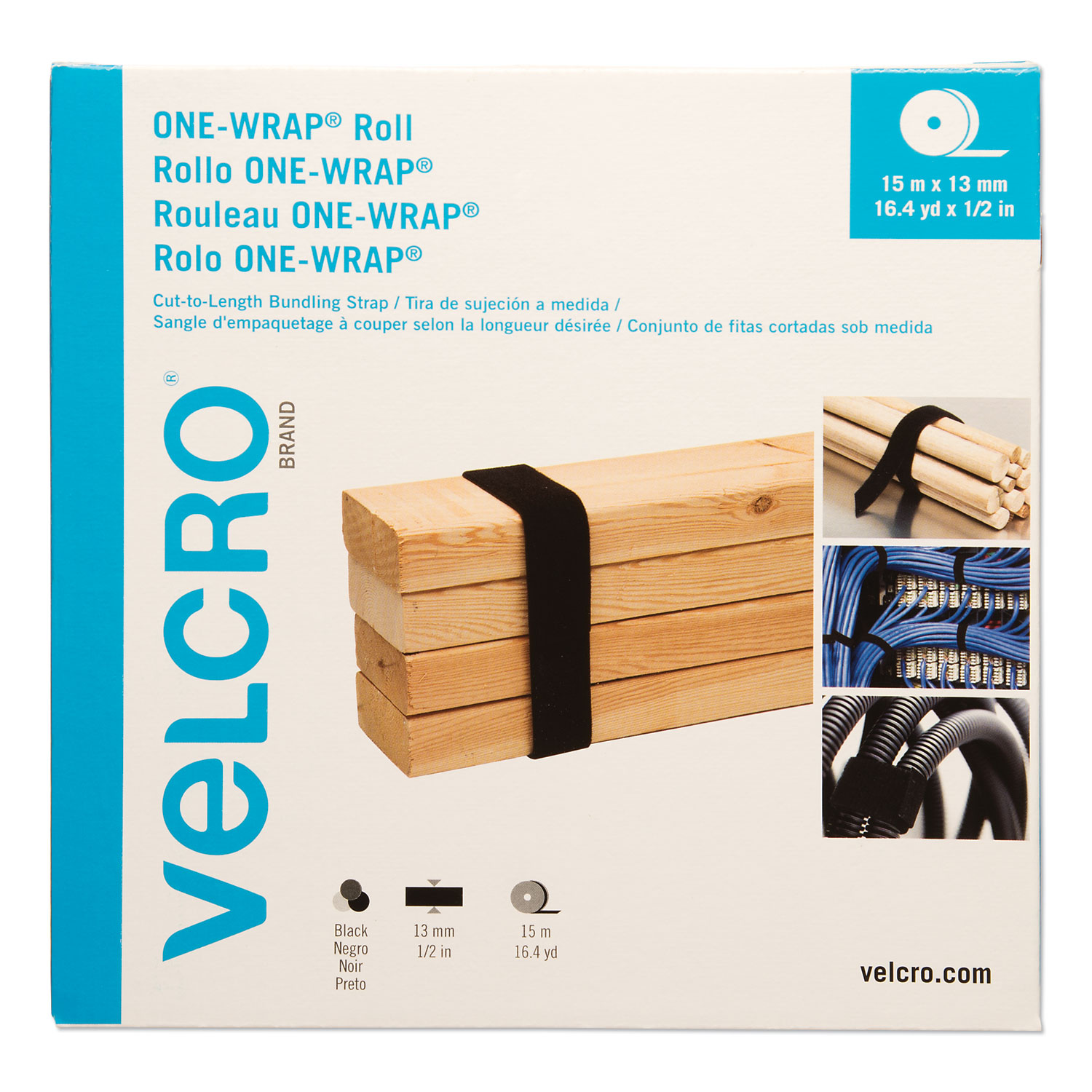  VELCRO Brand VEL-30639-GLO ONE-WRAP Cut-To-Fit Thin-Ties, 0.5 x 49 ft, Black (VEK30639) 