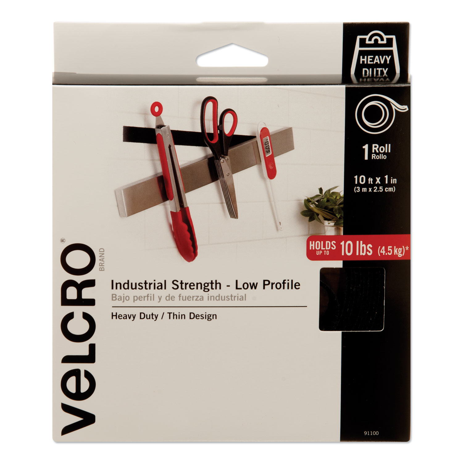  VELCRO Brand 91100 Low-Profile Industrial-Strength Heavy-Duty Fasteners, 1 x 10 ft, Black (VEK91100) 
